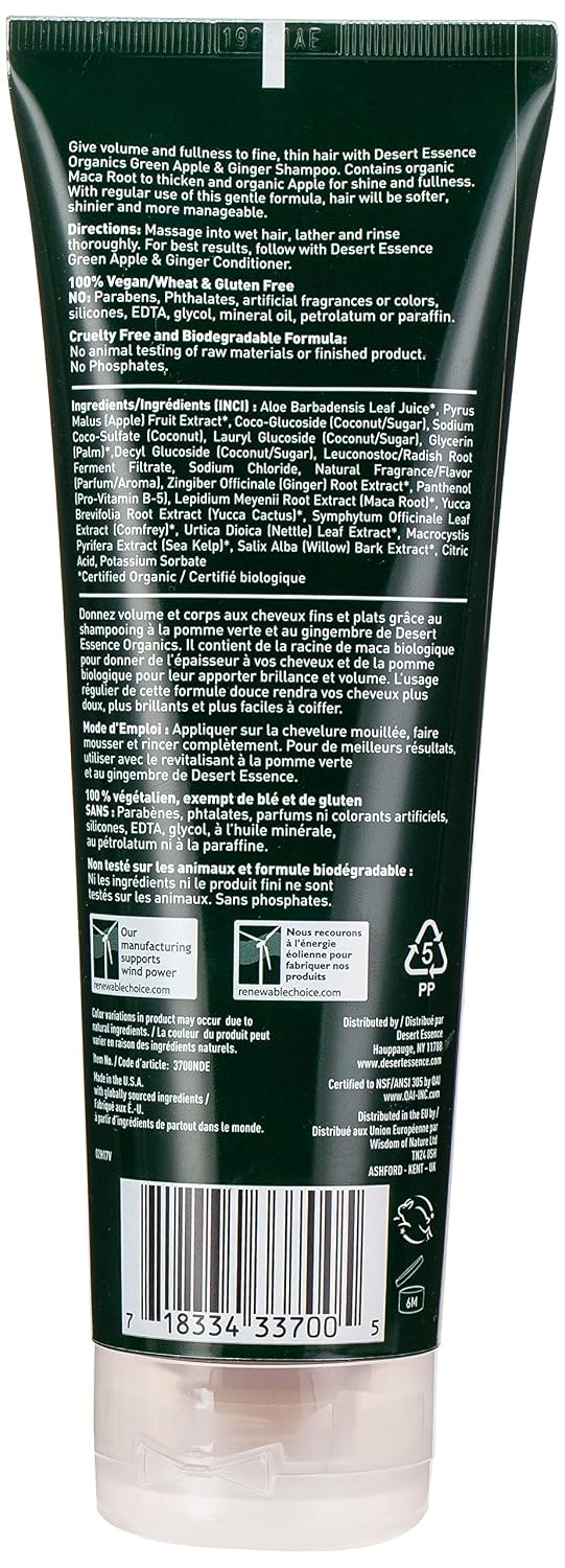 Desert Essence, Apple & Ginger Shampoo 8 fl. oz. - Gluten Free - Vegan - Cruelty Free - Volumizing - Fuller Hair - Revitalizes Scalp - Cleansing