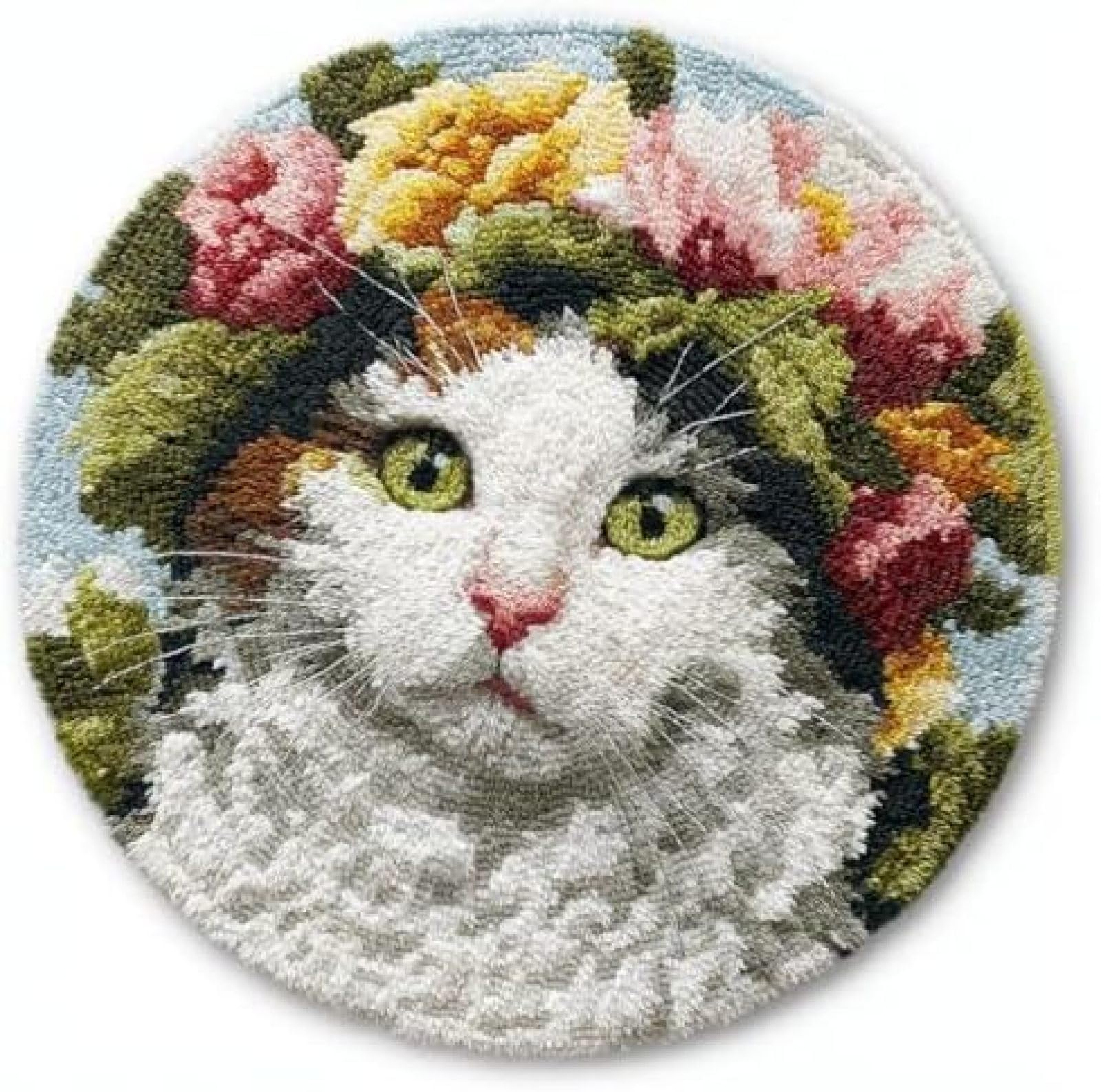 Latch Hook Rug Kit Turkish Van Cat Portrait Wear Flower W Round Rug 52x52cm