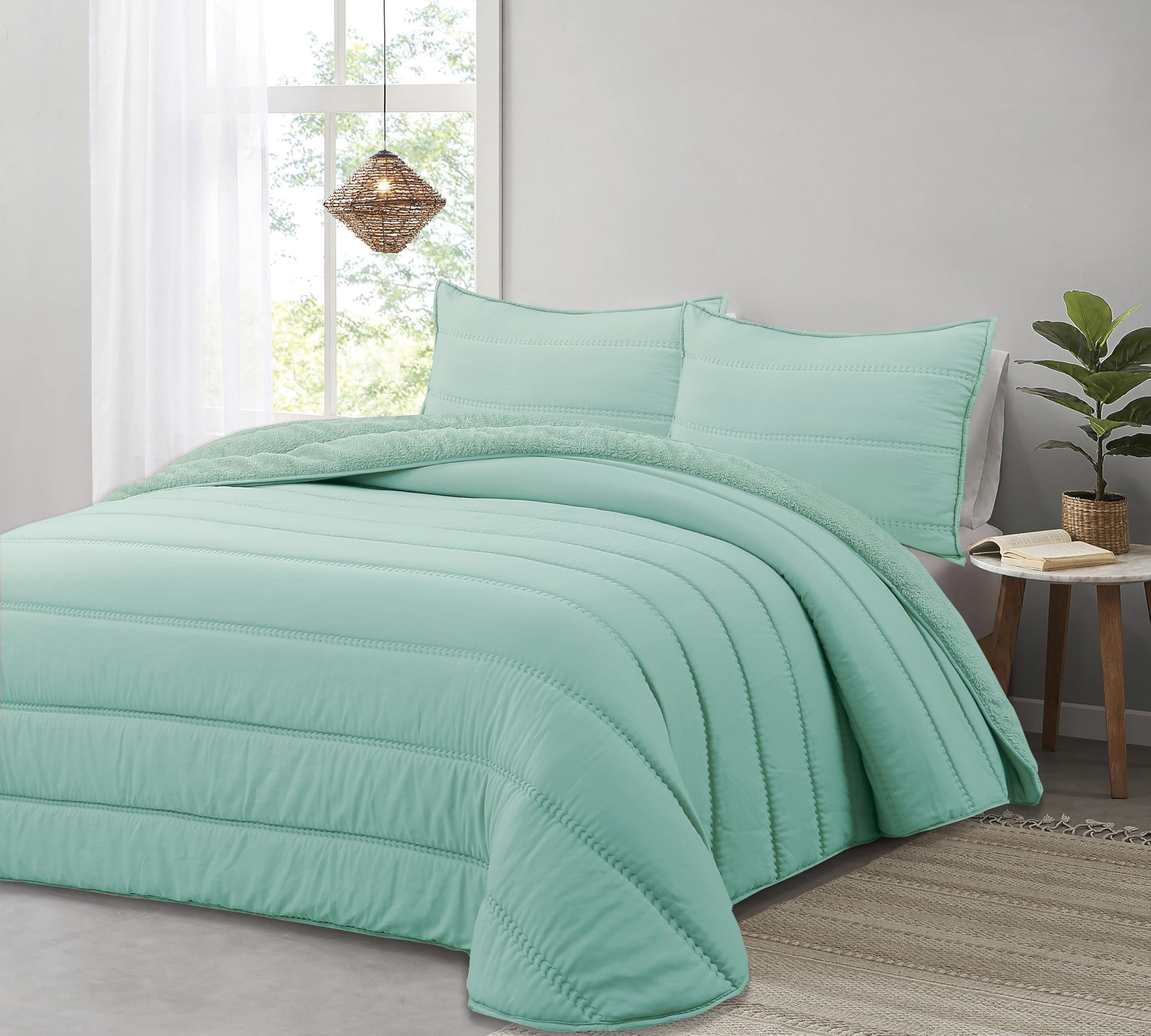 Liniva Home Comforter De Microfibra con Reverso de Borreguito. Edredón 100% Microfibra Tacto Extra Suave - Modelo Eliana - Incluye Funda de Cojín. (Aqua, Cama 90 cm)