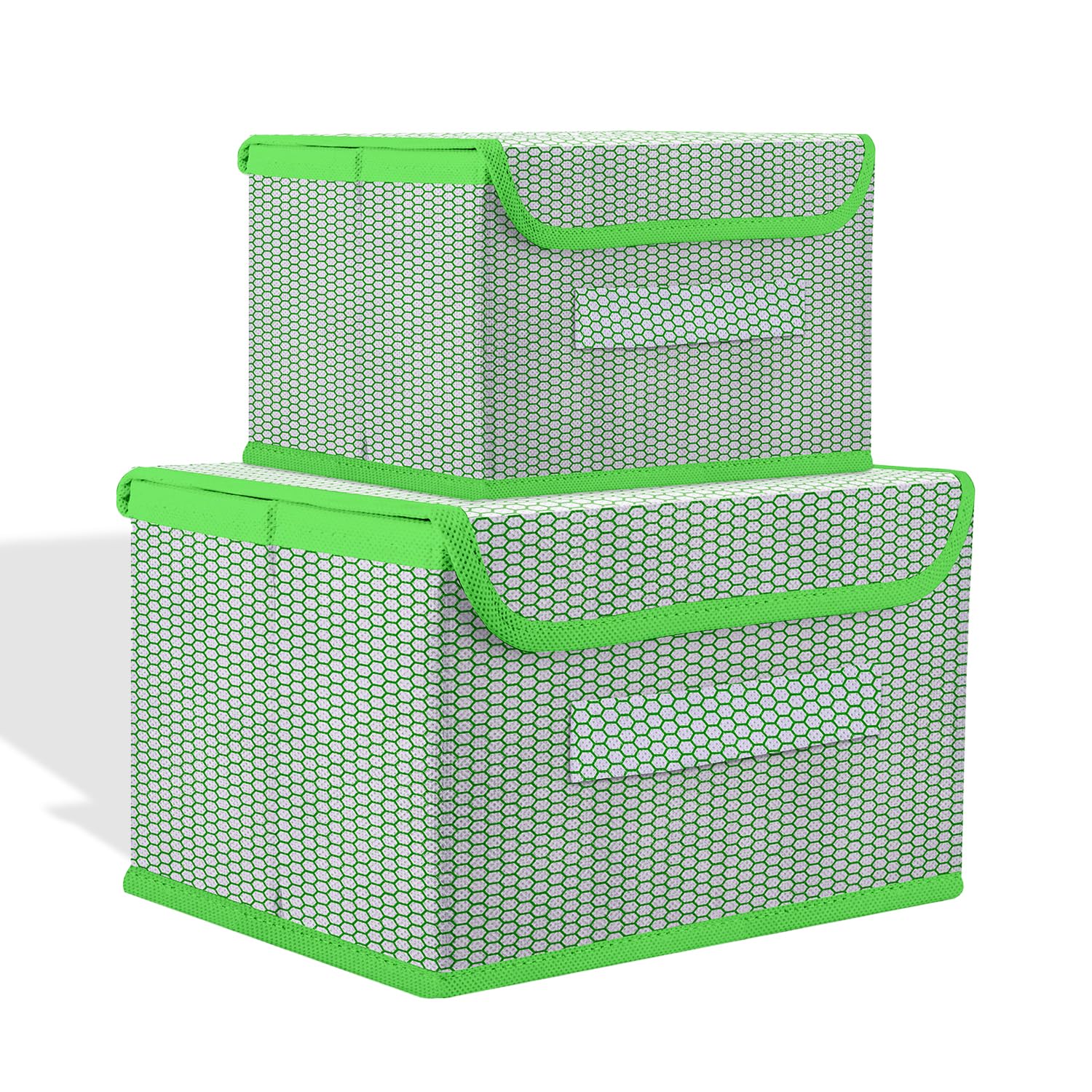 Kuber Industries Drawer Storage Box | Dhakkan Storage Box | Non-Woven Clothes Organizer | Storage Box with Handle | S | M | Zig Zag Design | Pack of 2 | Green