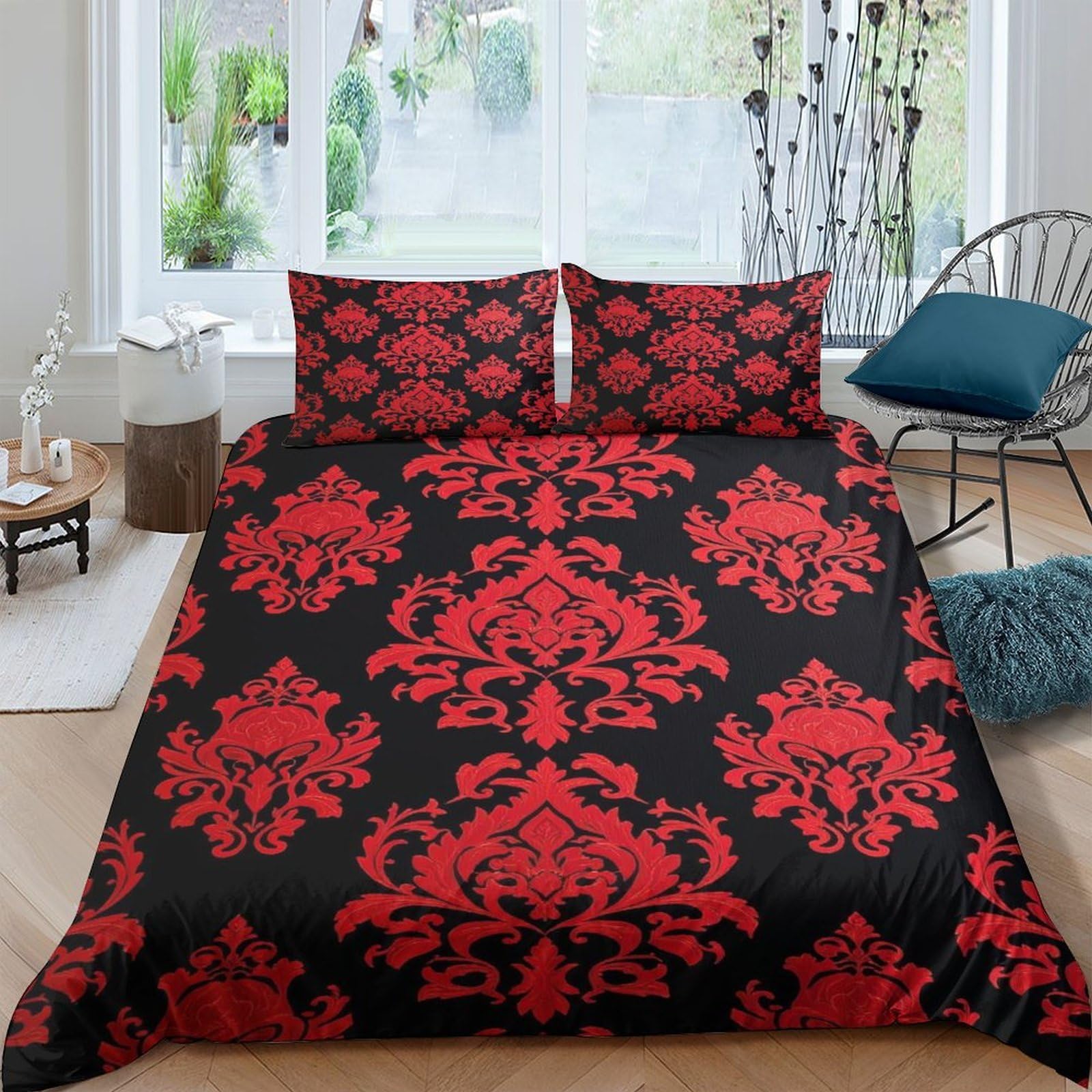 Ctjqhvkz Style-8 3D Printed Baroque Red Floral Fitted Sheet Microfiber Soft Breathable Gothic Damask Mattress Cover For Bedroom Decor Single（135X200cm）