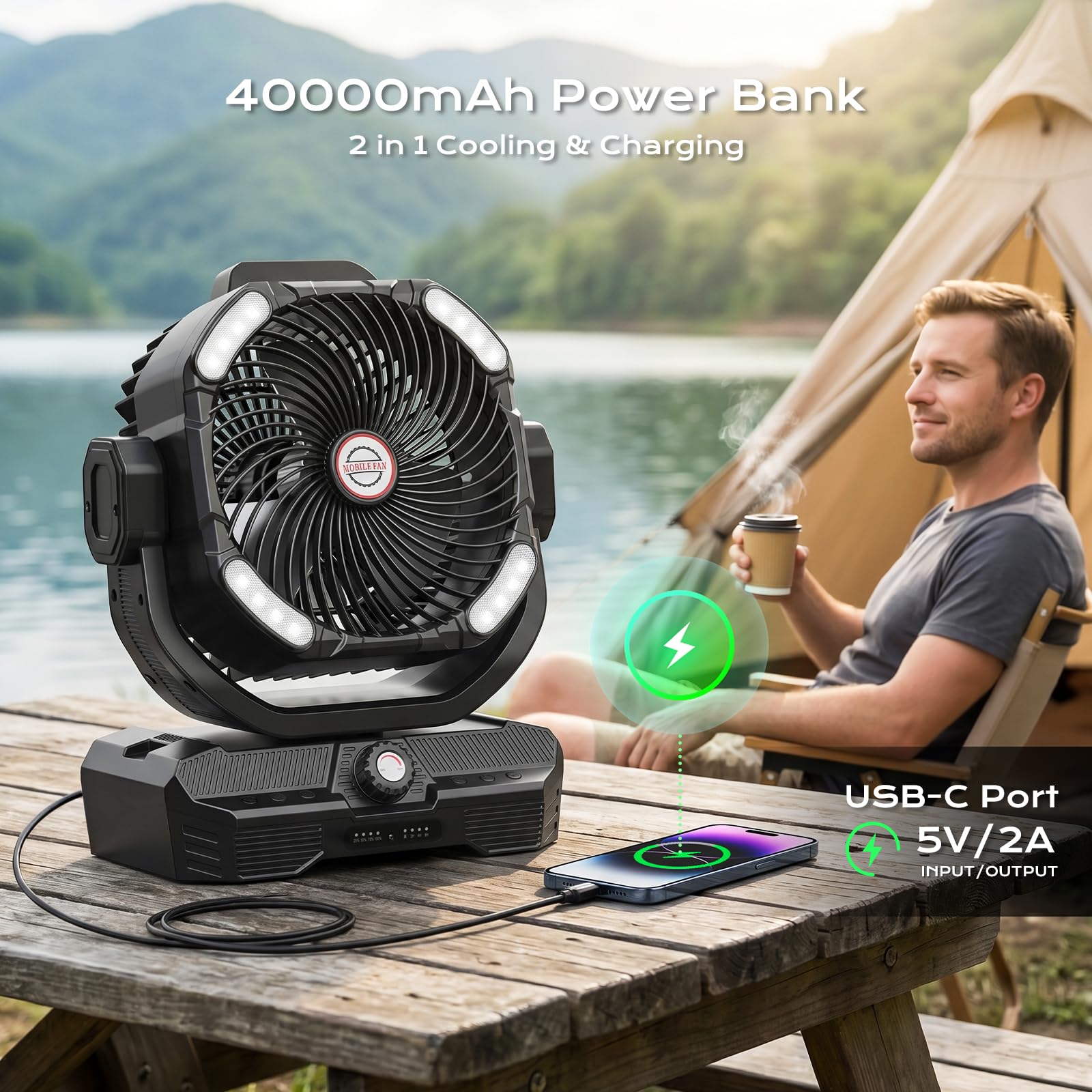 Grande ventilatore da campeggio alimentato a batteria, 27000 mAh, ventilatore da pavimento oscillante a batteria ricaricabile da 38,1 cm, con telecomando e luce notturna a LED, portatile, per tenda