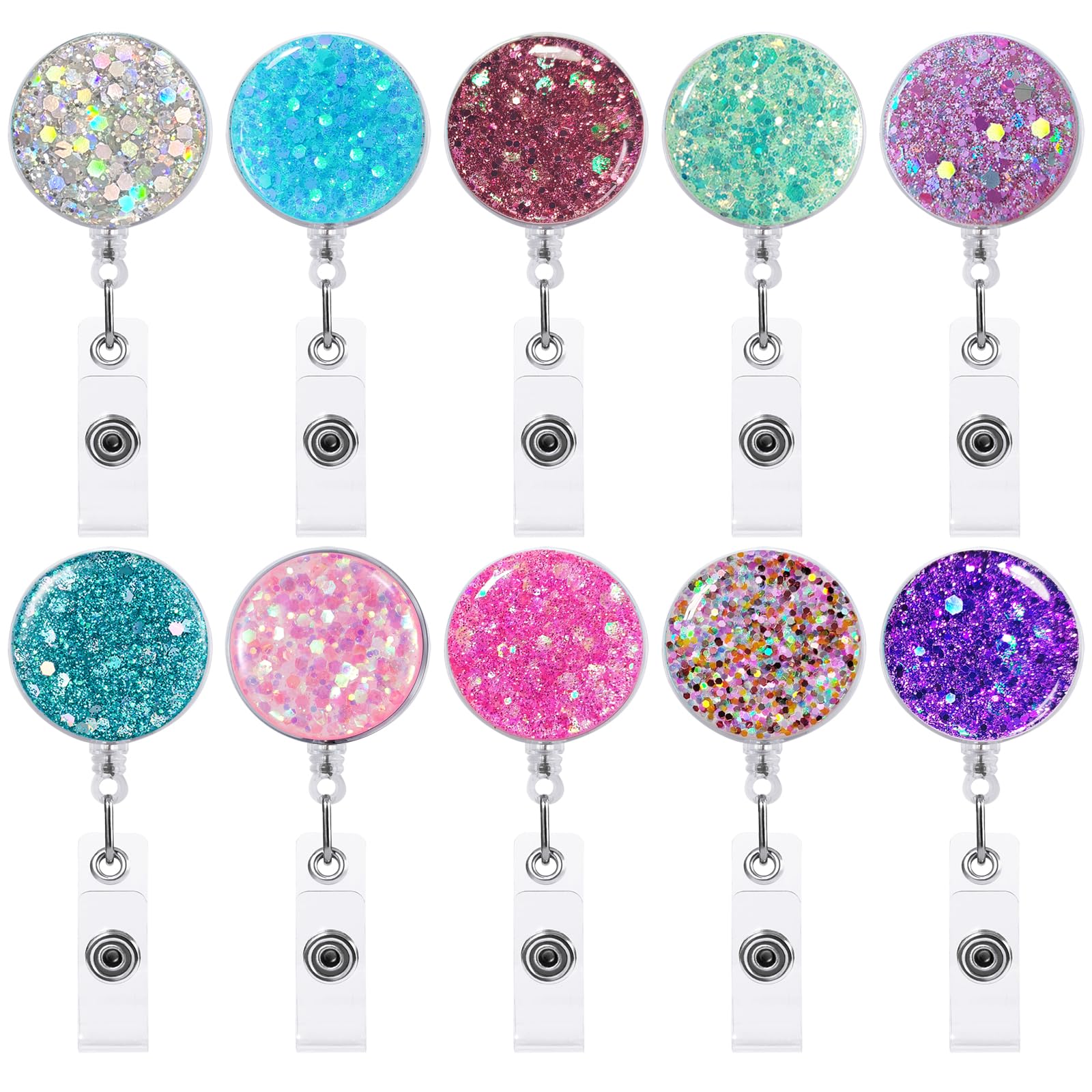 10 Pack Retractable Badge Holder, FadyRaye Lightweight Plastic Badge Reel with Alligator Clip for Nurse Teacher Name Card Keychain [Bling Cute Design