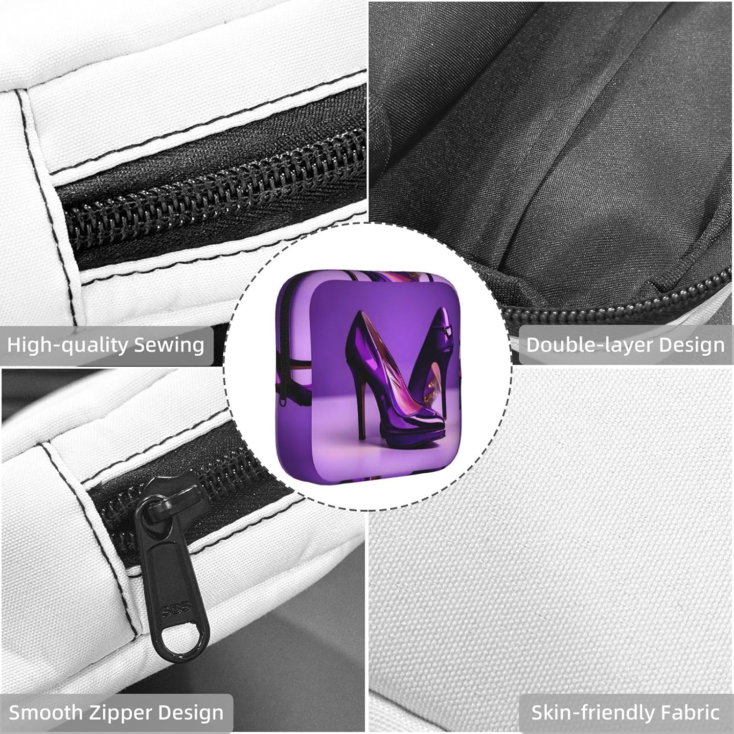 Elegant Purple High Heels With Lipstick Print Women Period Bag Sanitary Pouch Portable Pad Pouch Tampon Holder Small Zipper Pouch Storage Bag
