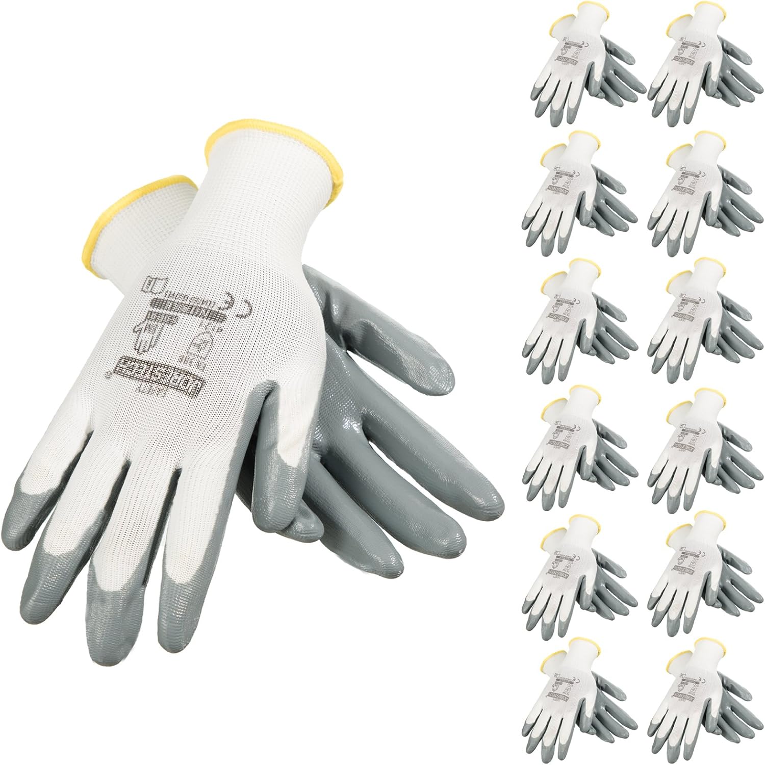 JORESTECH Safety Work Gloves, White Polyester Knit with Grey Nitrile Palm Coating, EN 388 4121X, Pack of 12