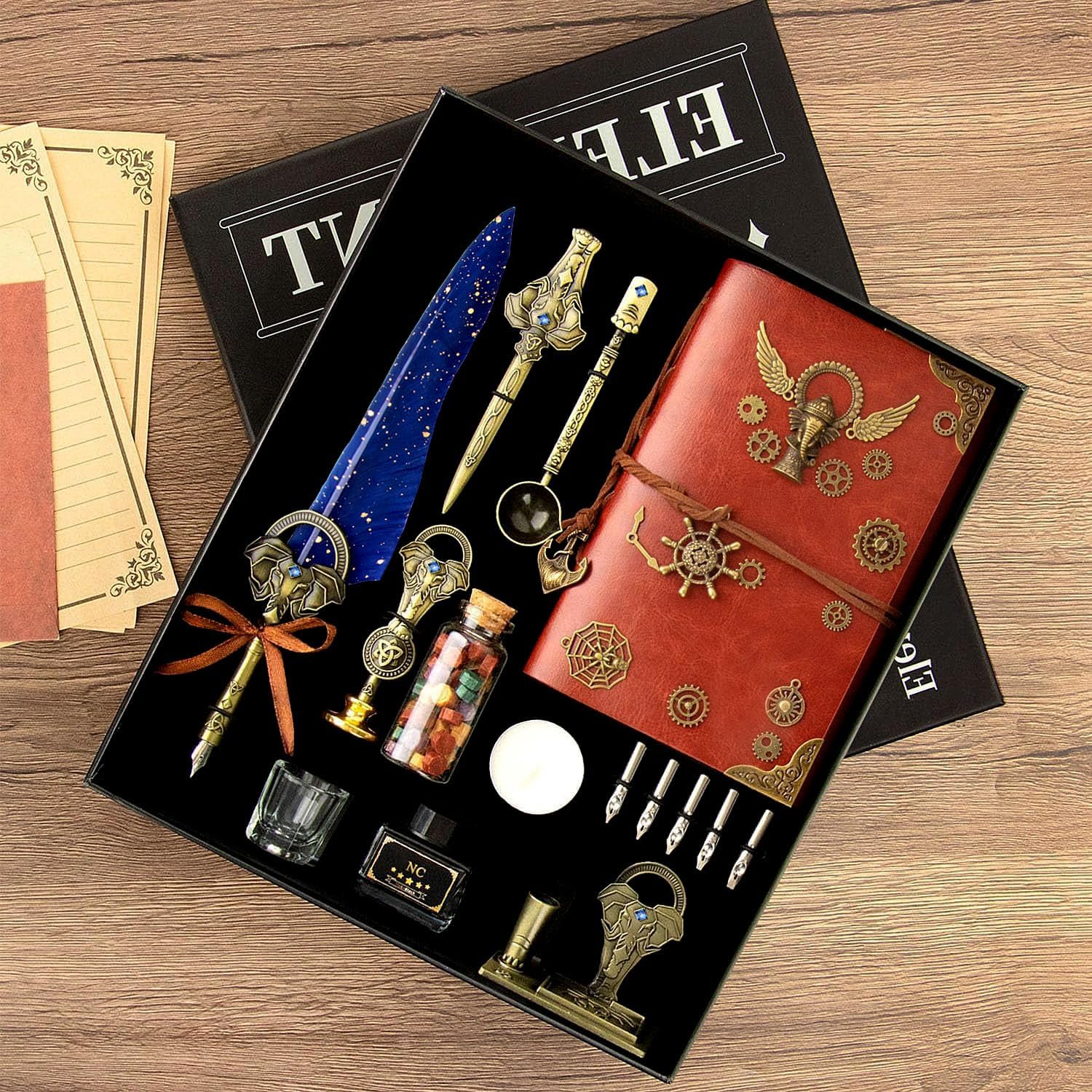 NC Quill Pen Ink Set - Blue, with Pen, Notebook, 5 Nibs, Ink, Holder, Stamp, Spoon, Wax Beads, Envelopes and Paper - Beautiful Gift Calligraphy Set