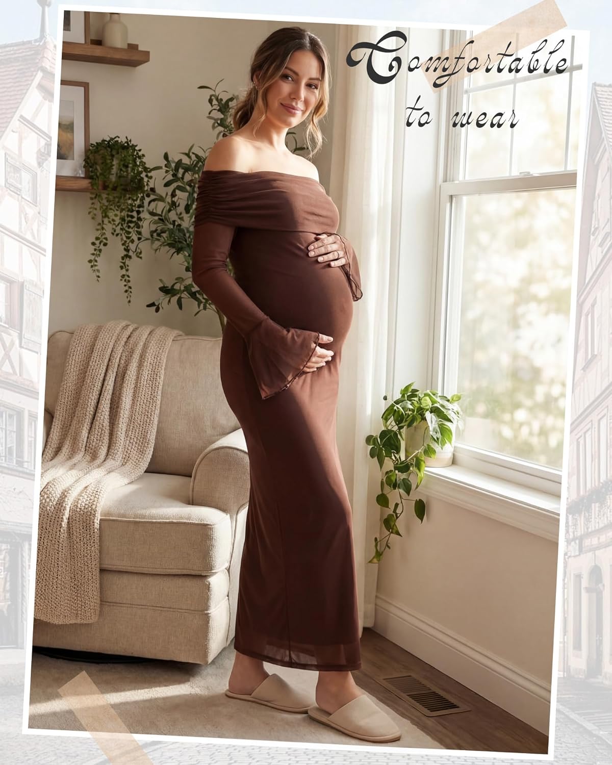 Women Maternity Off Shoulder Long Sleeve Baby Shower Dress Mesh Bodycon Maxi Dress Formal Wedding Guest Dresses