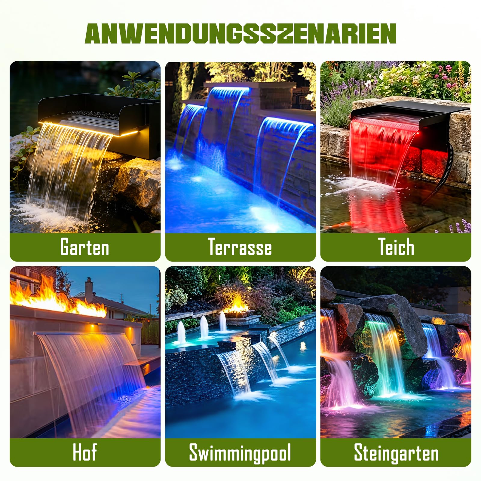 Edelstahl Wasserfall Set 30 cm mit LED Fernbedienung 45 W 3500 L/h Pumpe für Garten Teich Schwimmbad