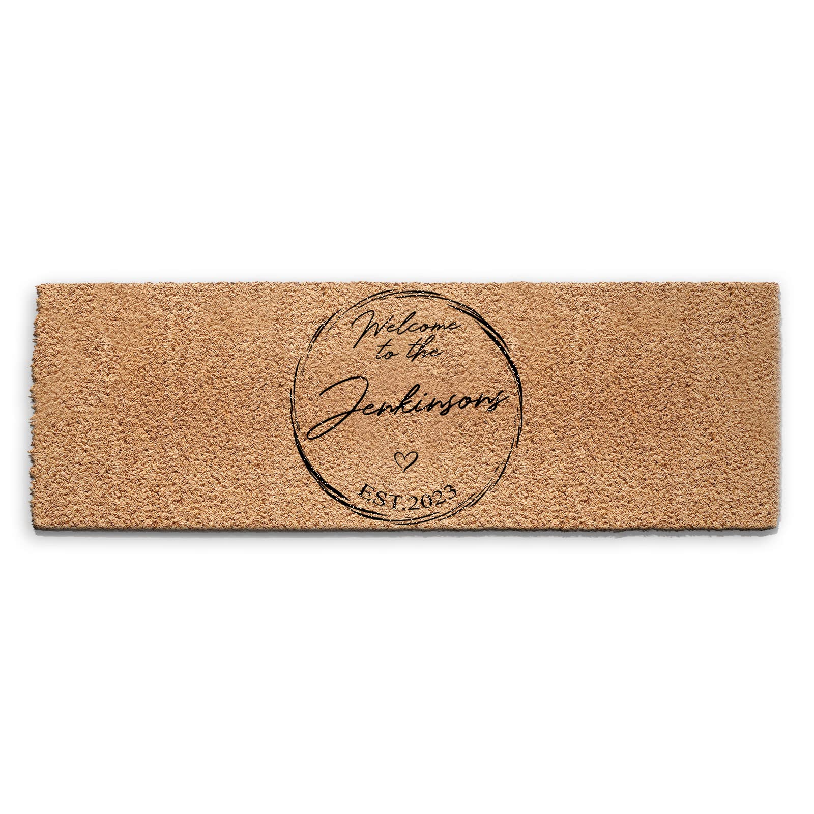 Personalised Doormat (60cm x 180cm) Medium, Customise with Name, Text, Coconut Core Fibre Heavy Duty Mat, Rug, Circle Family Name Established Year Heart Indoor Natural Coir Ultra Wide Door Mat — image 1