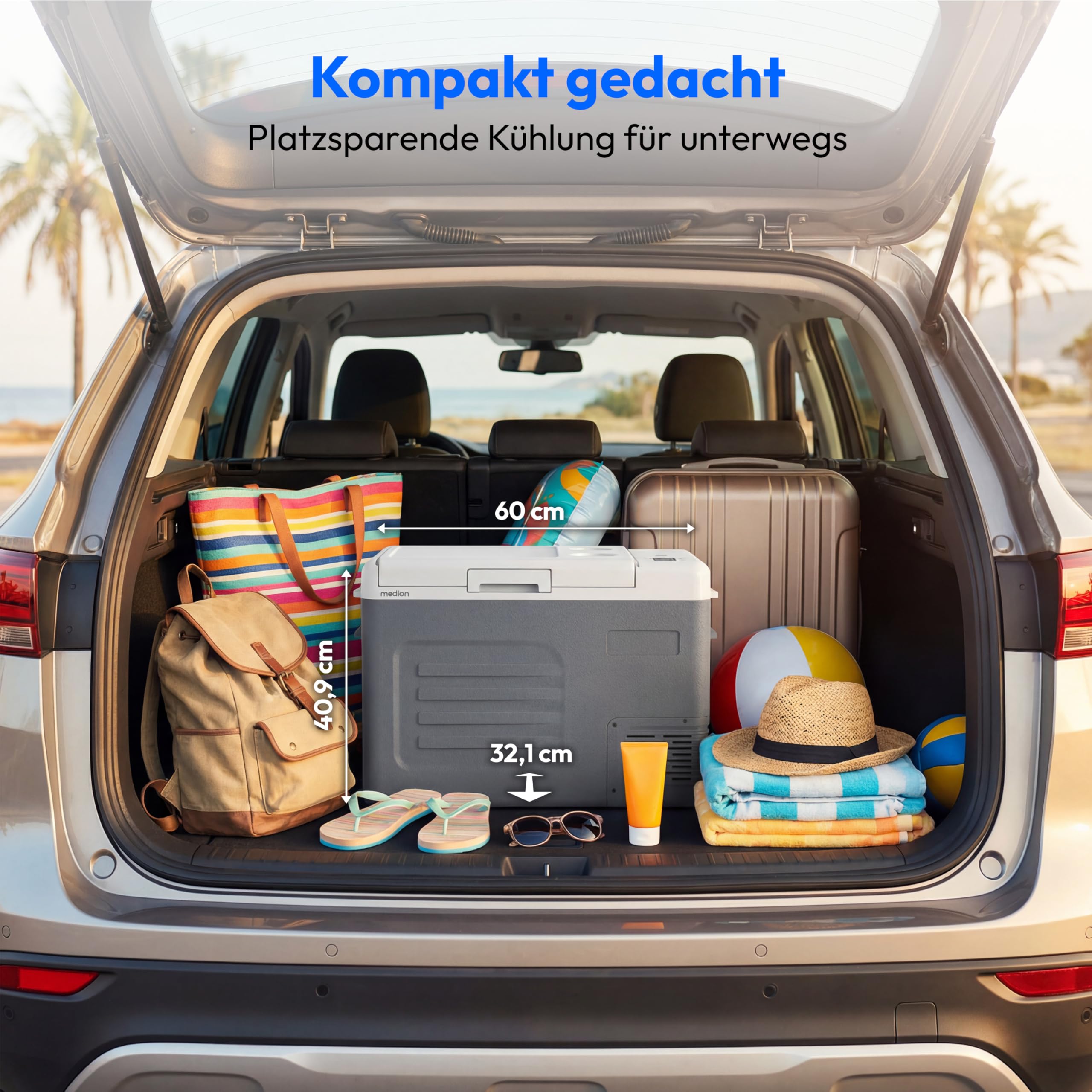 MEDION mobile elektrische Kompressor Kühlbox (28L Kapazität, elektrisch, Mini Kühlschrank & Gefrierbox, 12V 24V 230V, KFZ Adapter, für Auto LKW Wohnwagen Camping Boot Garten Festival, MD370027)