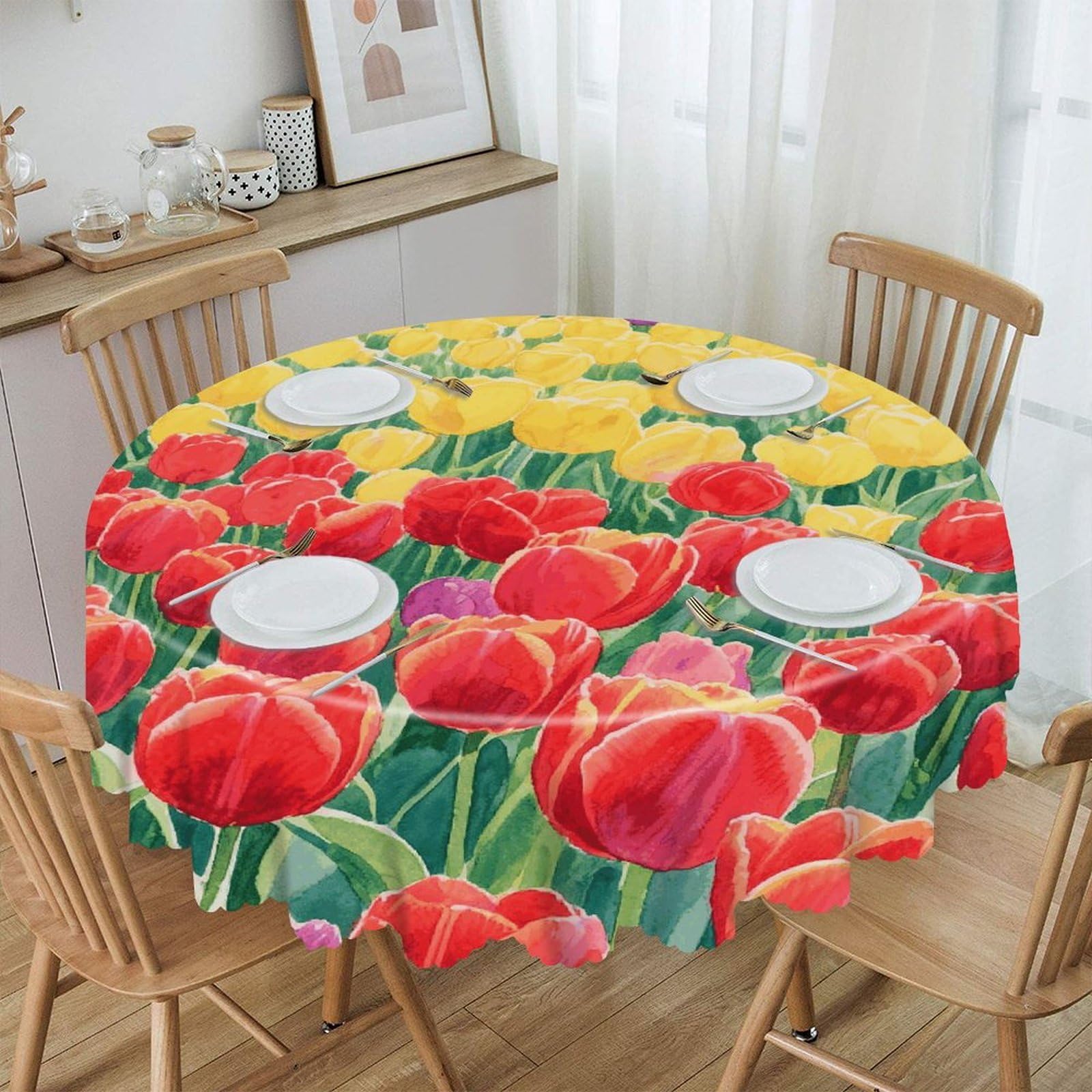 FekiLoot Tulip Field Round Tablecloths 60 Inch Resistant Washable Polyester Table Cloth Style Decorative Circle Fabric Table Cover for Dining Kitchen Party Farmhouse Outdoor