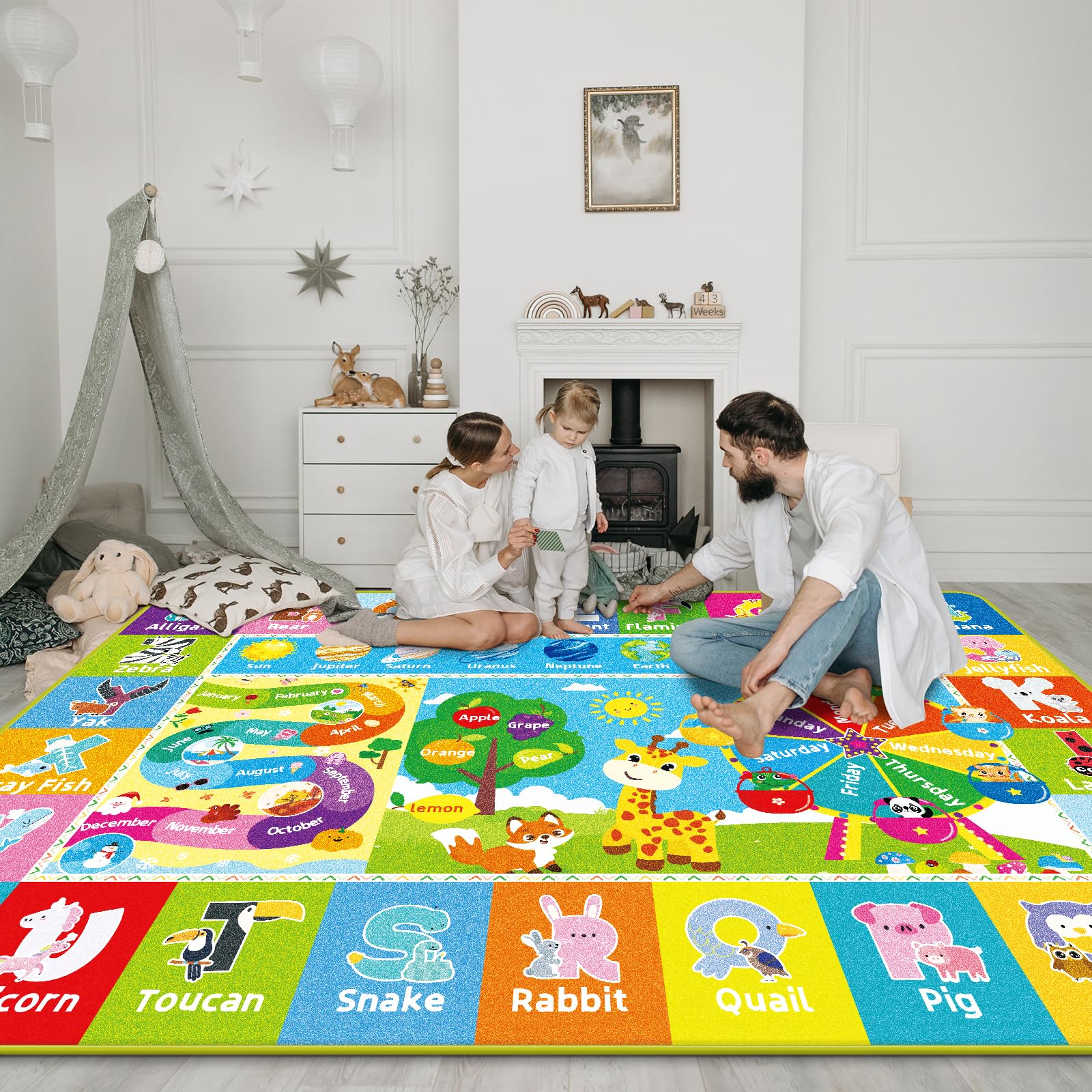 Kinderteppich fürs Spielzimmer, Kinder-Baby-Spielmatte mit Alphabet, Monat, Wetter, Woche und Formen ABC Lernteppich, Kinder-Spielteppich für Schlafzimmer Klassenzimmer (59 X 39.4 INCH, Riesenrad)