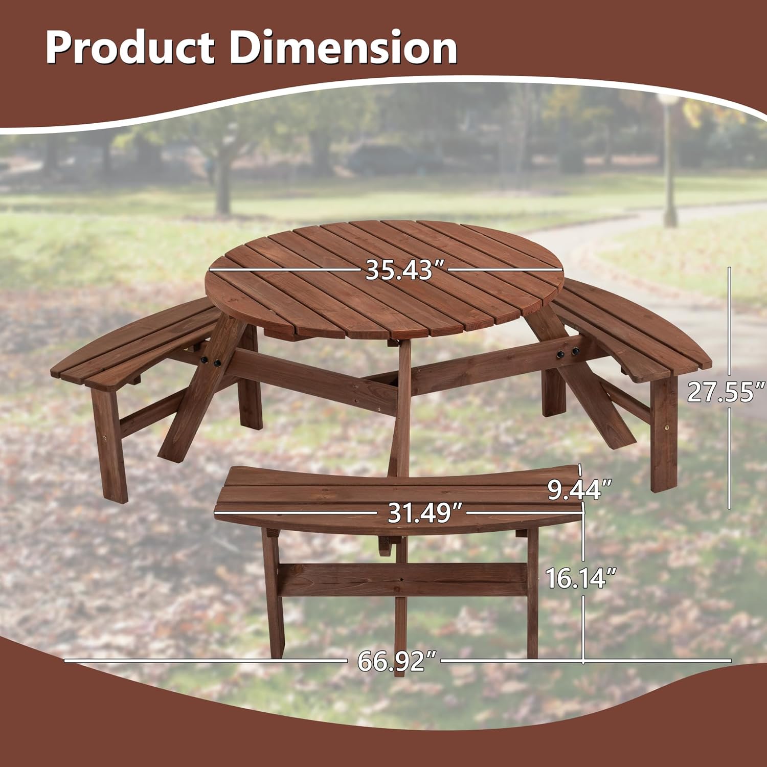6 Person Outdoor Picnic Table, Wooden Picnic Tables with 3 Built-in Benches Table and Chairs Set with Umbrella Hole Outside Table and Bench Round Picnic Table Patio Tables for Garden, Backyard, Porch