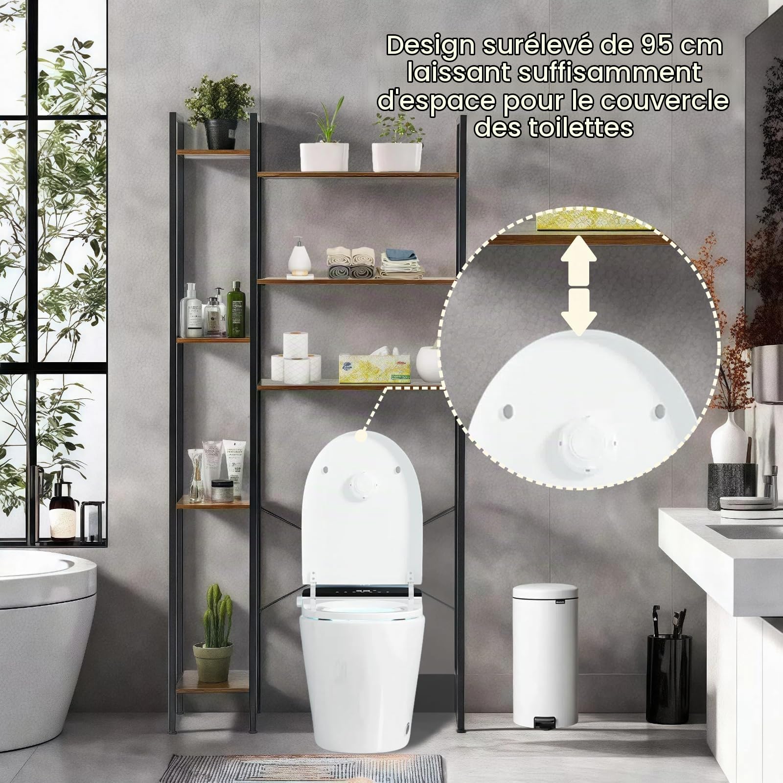 Étagère Toilette, Étagère Au-Dessus des Toilettes, Réglable, Gain de Place, Étagère Rangement Salle de Bain, Meuble buanderie, Style Industriel, Marron et Noir