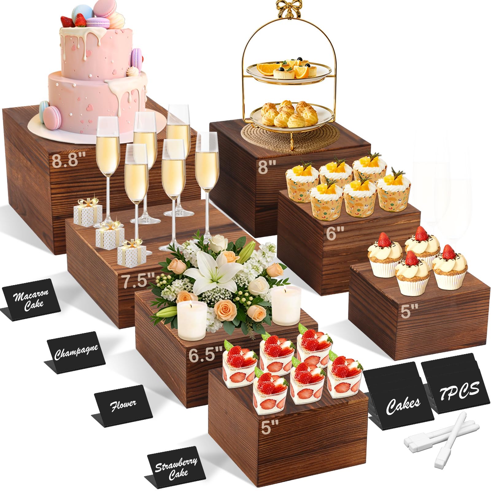 Photo 1 of Qinzave 7 Pack Wooden Risers Display Stands with Acrylic Maker Pen and Mini Sign, Food Risers for Buffet Table Shelf Display Stand for Party Catering Dessert Cupcake Jewelry