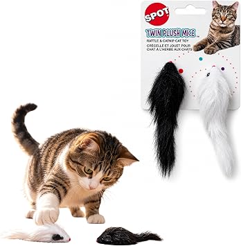 SPOT Twin Plush Mice Cat Toy- Rattle and Catnip Toy for Indoor Cats and Kittens - Classic Toy for Batting and Chasing Around - Fun Entertainment for Hours - 4.5in, 2pcs