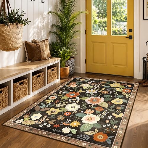RELEANY Floral Washable 3x5 Area Rugs Black/Yellow - (size: 3' x 5' (Rectangular))