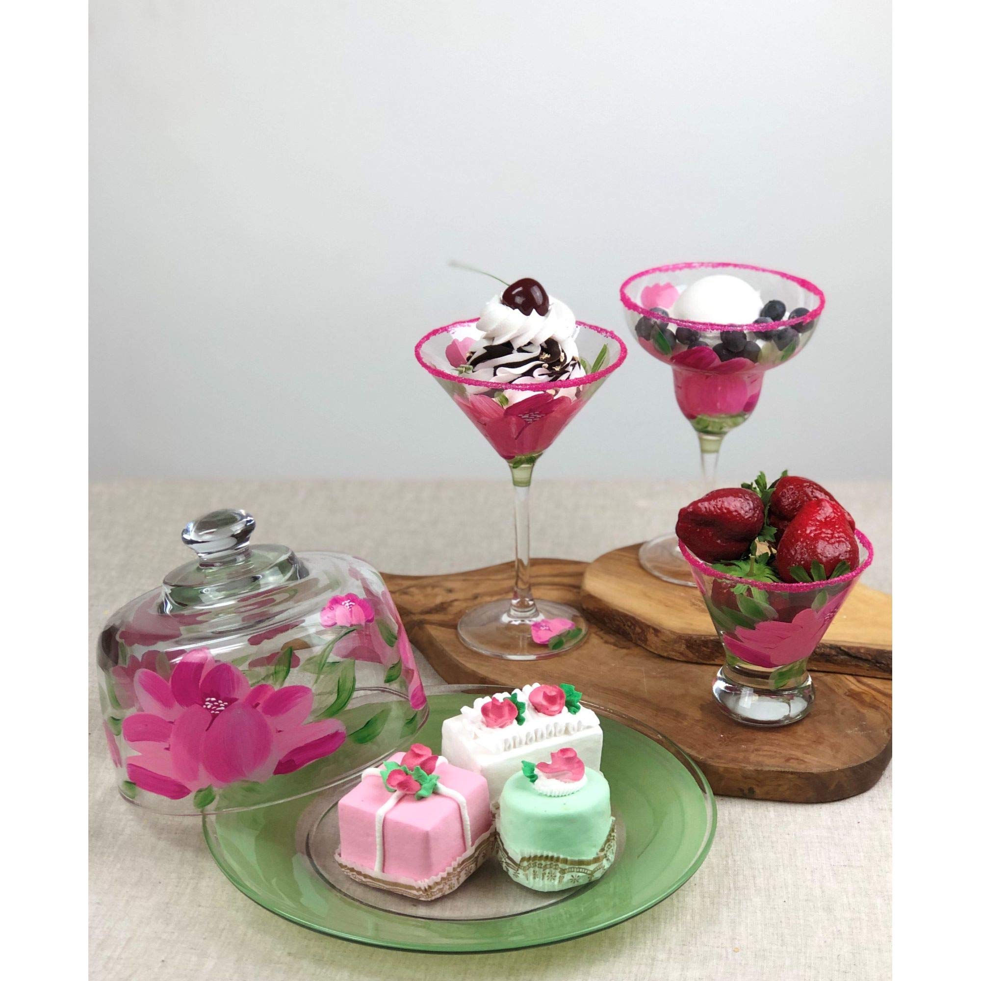 Set of 2 Pink Peony Floral Hand Painted Margarita Stemware Glasses - 12 Ounces