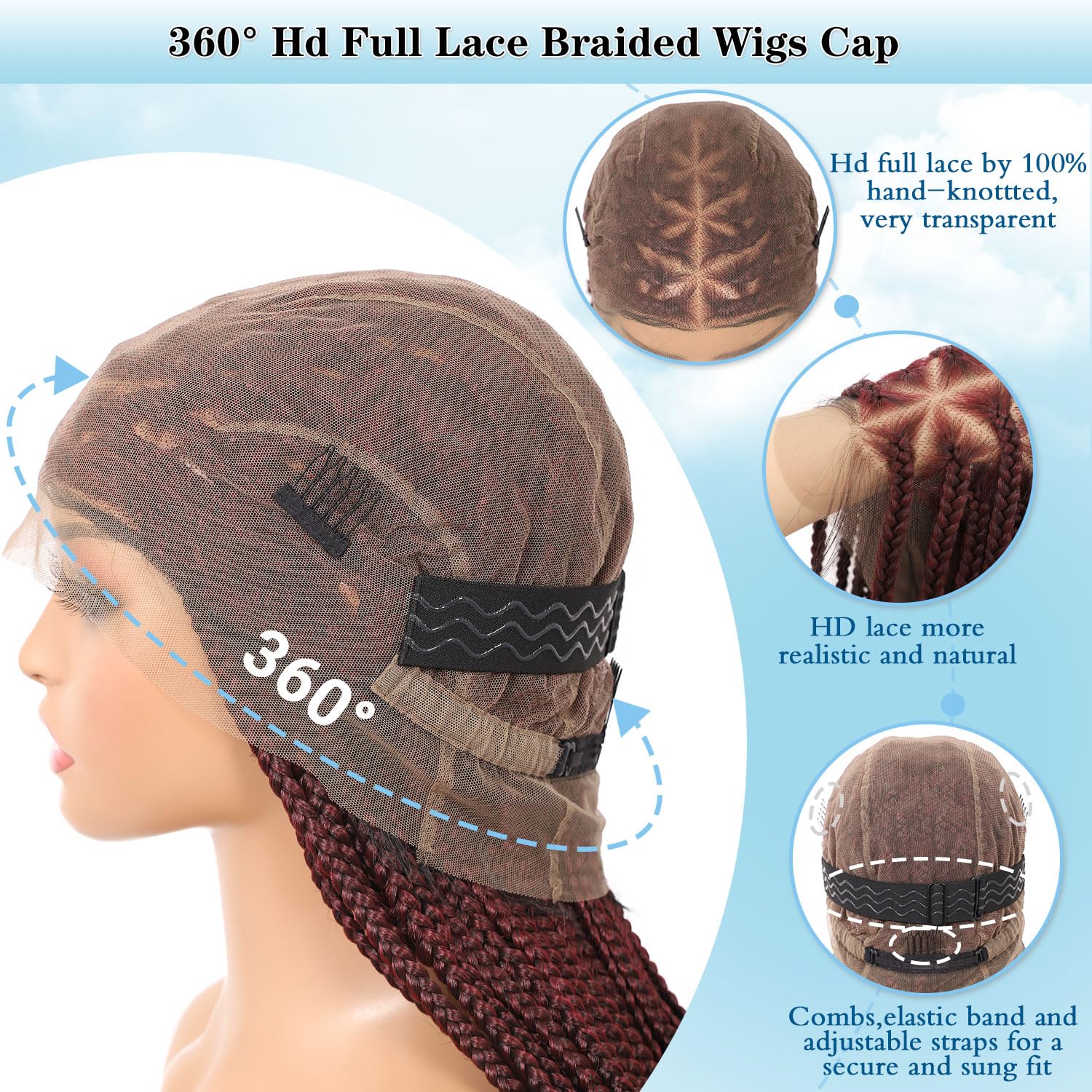360° HD Full Lace Knotless Braided Wigs for Women Box Braid Wig with Boho Curly End Triangle Knotless Braided Wigs with Baby Hair Premium Synthetic Braided Lace Front Wig 36" Burgundy