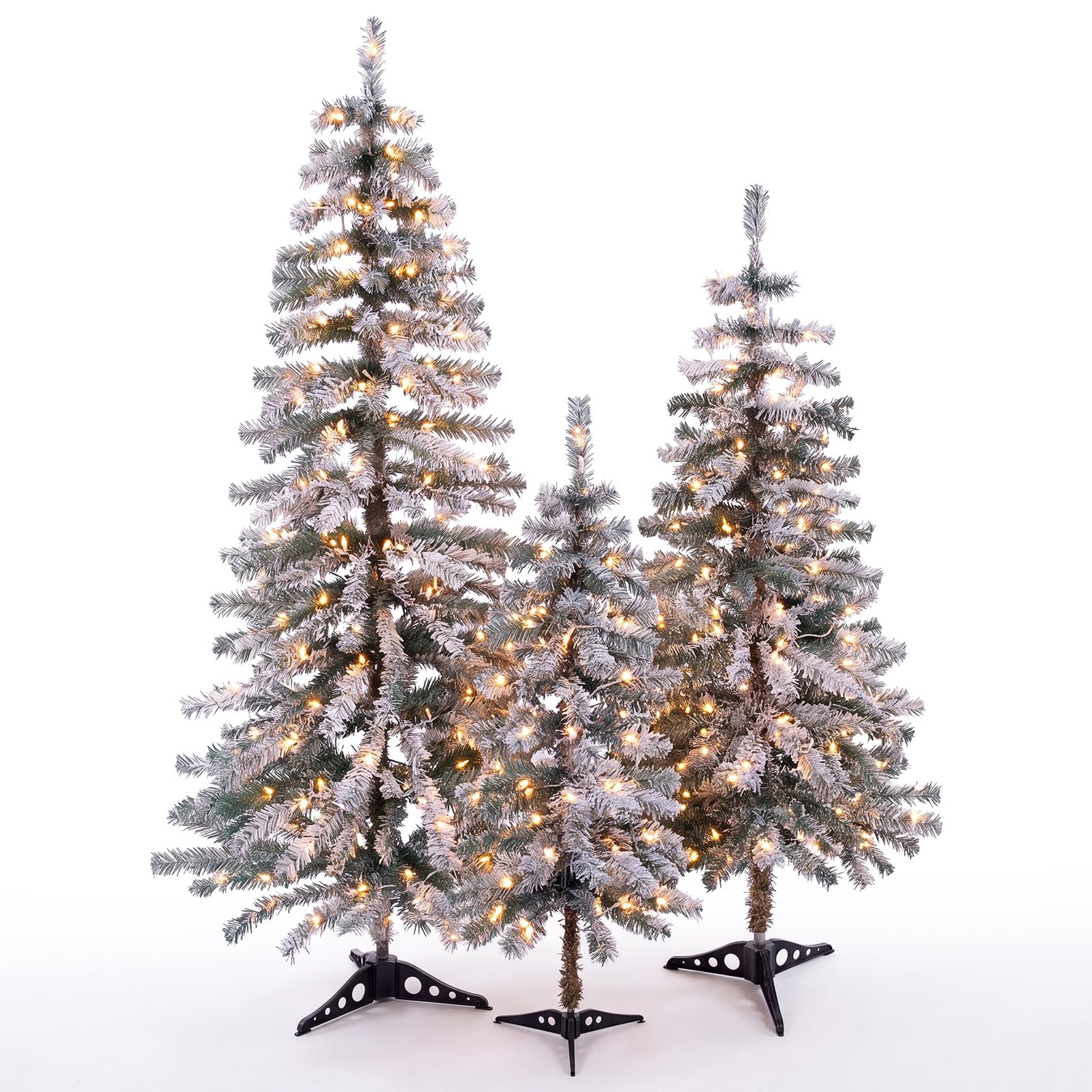 Cinnvoice Lot de 3 sapins de Noël artificiels naturels floqués avec lumières – Pin de Noël floqué avec branches pliables pour intérieur et extérieur (arbre alpin, 0,9 m, 1,2 m)