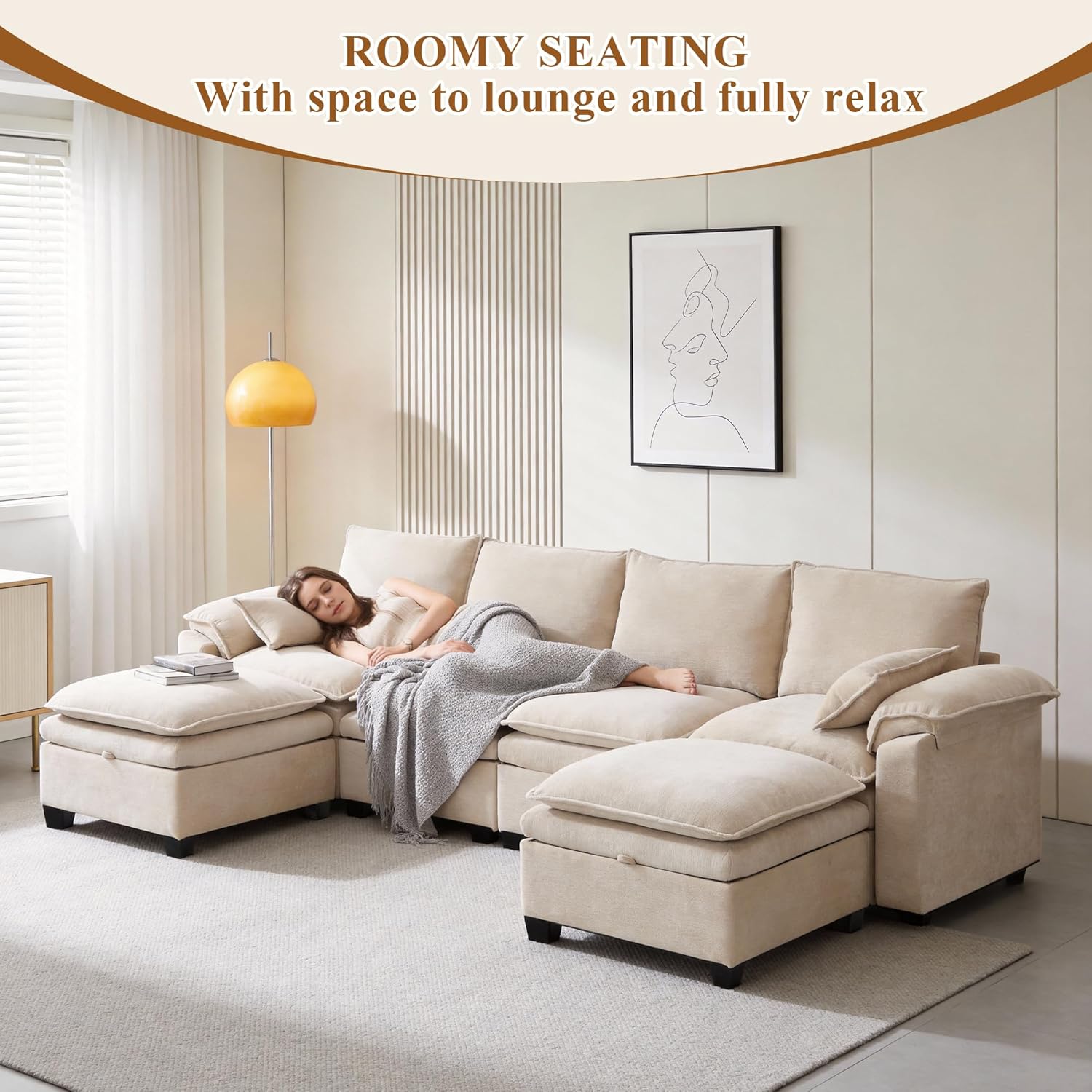 Modern Loveseat Sofa for Living Room, Comfy Chenille Deep Seat Cloud Loveseat Couch with Ottoman, Easy Assembly for Small Spaces, Bedroom, Apartment and Office, Beige