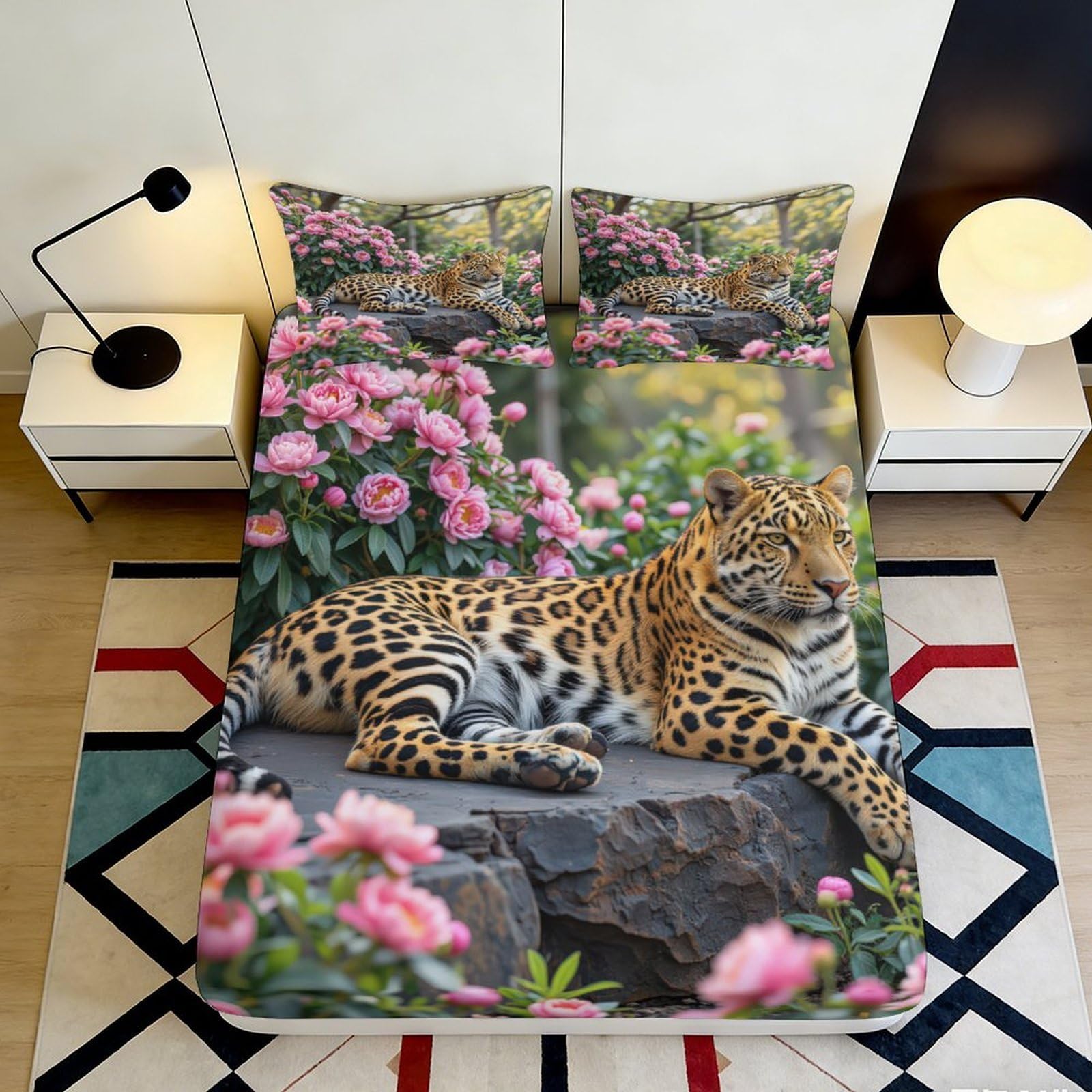 3D Printed Leopard Floral Fitted Sheet Microfiber Deep Pocket Non-Slip Leopard Mattress Fitted Cover Bedroom 120x200x25cm