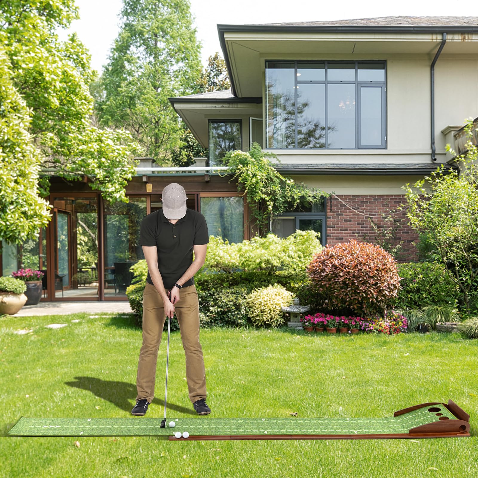COSTWAY Golf Puttingmatte, Golfmatte mit 1/2/3 Löchern, Auto Rückkehr Übungsmatte mit 3 Golfbällen & Kunstrasen, Putting Trainer Indoor Outdoor für Anfänger, Profis (3 Löcher)