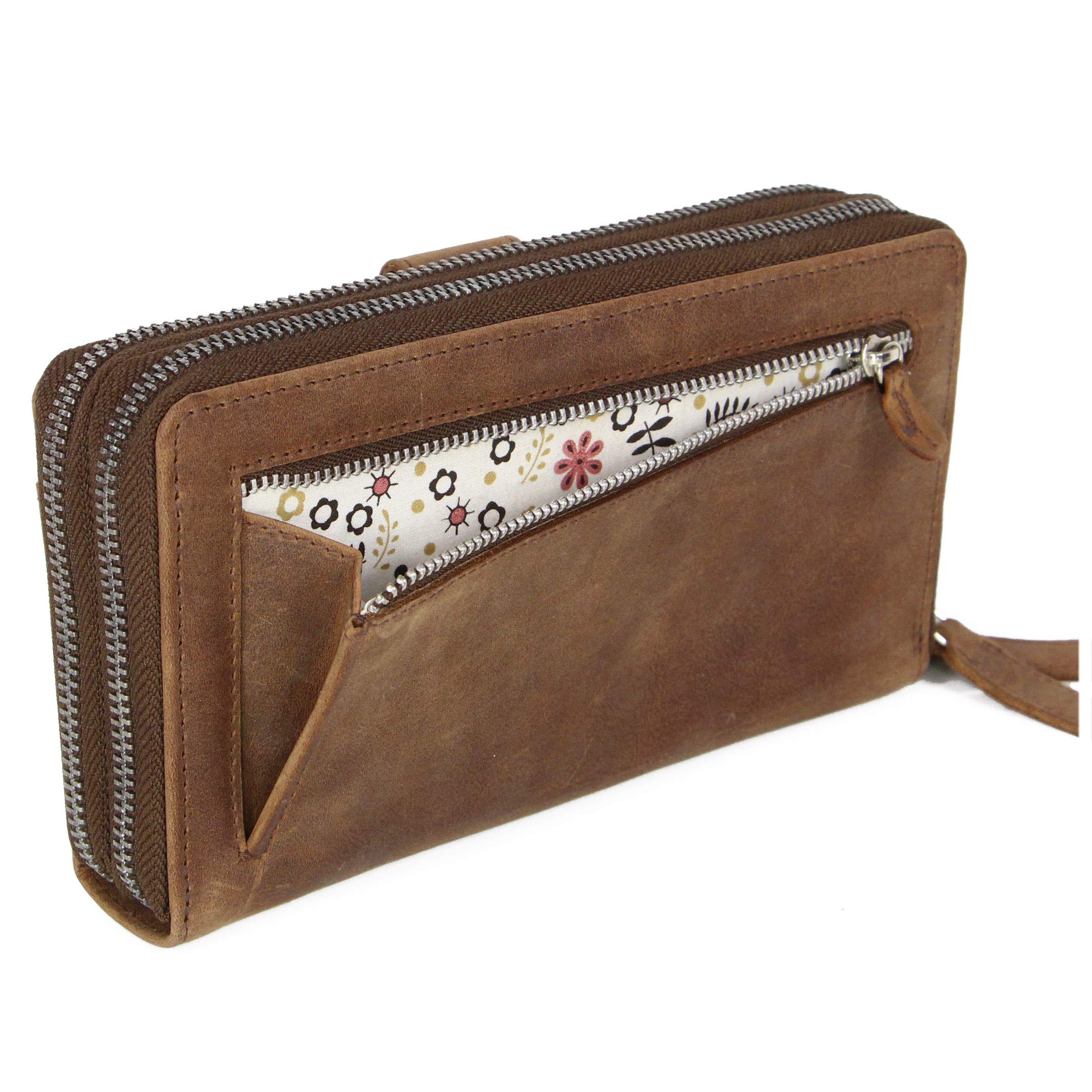 ALMADIH Große Leder Damen Portemonnaie mit Handyfach und Handgelenkschlaufe - Doppelter Reißverschluss, 12 Kartenfächer, RFID Schutz, Münzfach - Geldbeutel Geldbörse Brieftasche braun (Giana Vintage)