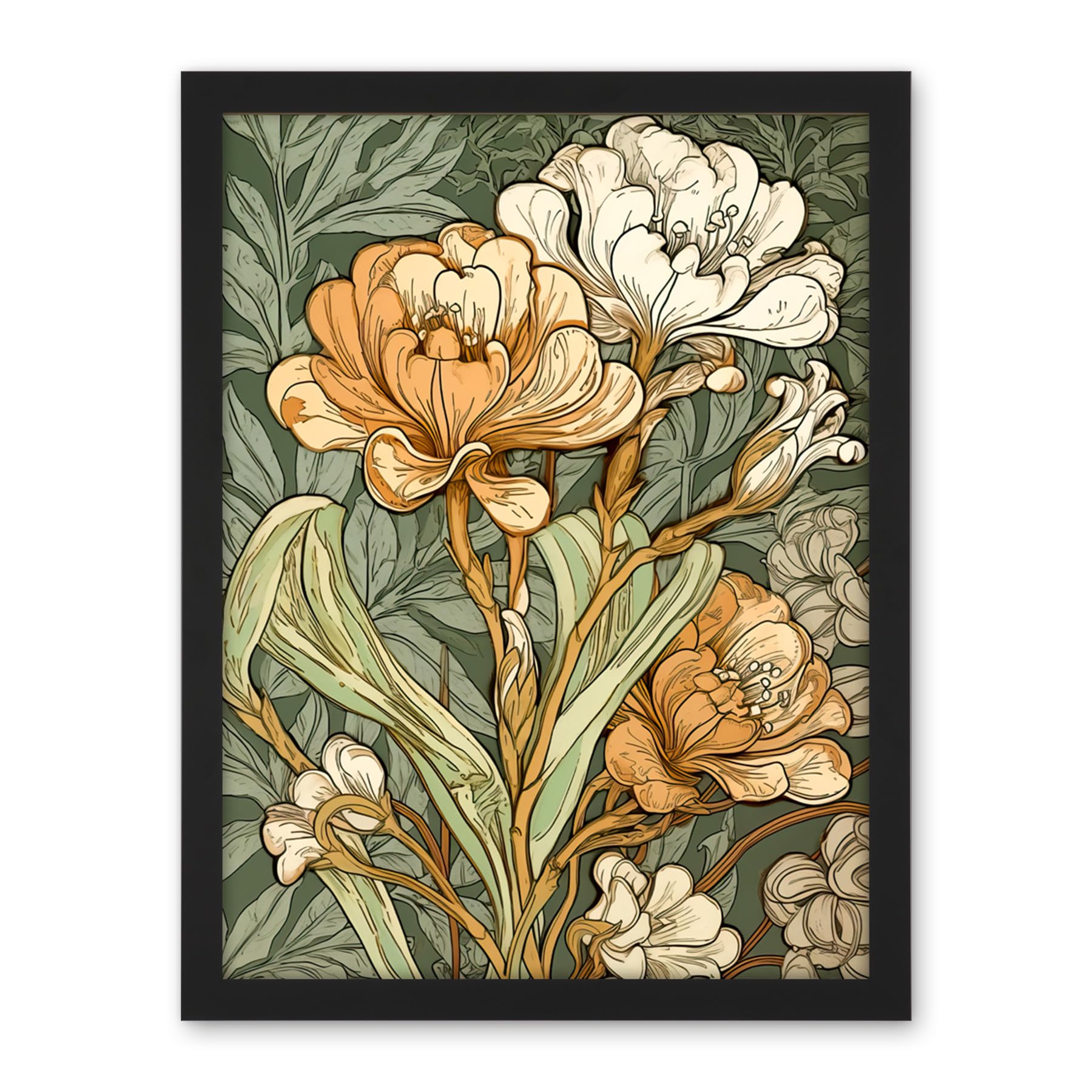 Artery8 White and Yellow Freesia Flower Blooms Watercolour Artwork Framed Wall Art Print 18X24 Inch