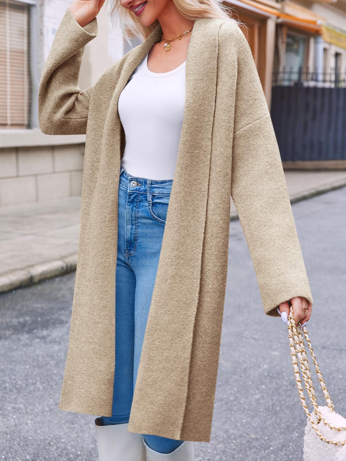 Cicy Bell Langer Damen-Strickjacke, grob, vorne offen, übergroßer Strickmantel, trendig, lässig, Strickjacken