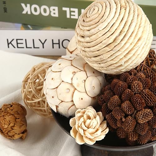 Miniatura 6 de Bolas decorativas de otoño para decoración del hogar, juego de 6 bolas de mimbre de ratán de tono natural para decoración del hogar, centros de
