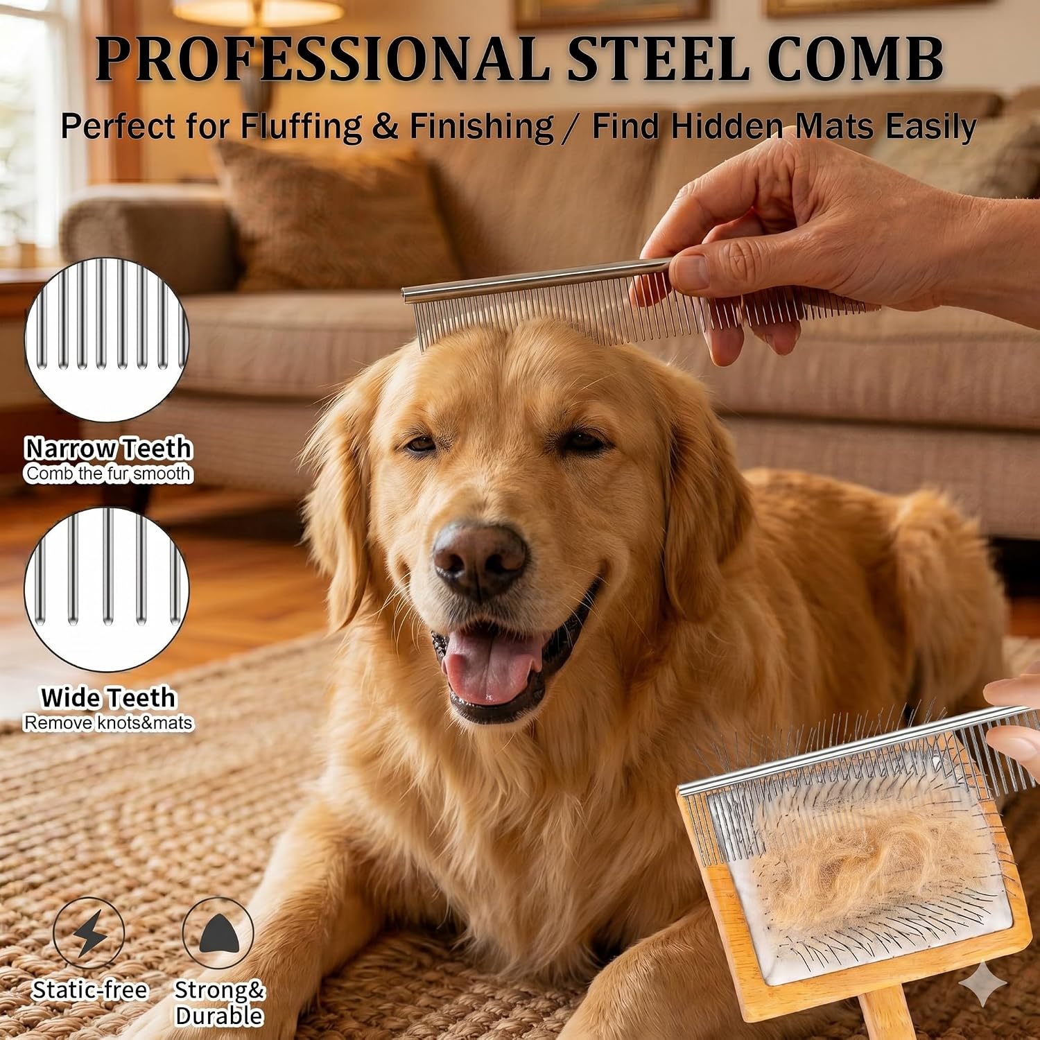 Large Wood Long Pin Doodle Slicker Brush & Dog Comb Kit, Natural | Premium ergonomic wooden long pin slicker dog brush & hair mats detangling comb for long short haired golden retriever poodle