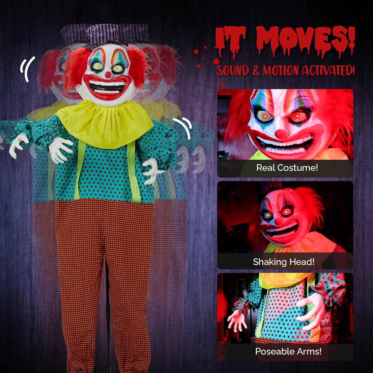 72" Animated Scary Clown Halloween Decoration - Life-Size Outdoor Animatronic with LED Red Eyes, Motion Activated & Creepy Sounds for Yard, Haunted House