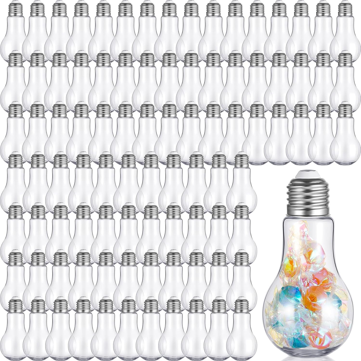 Juexica 108 Pieces Plastic Fillable Light Bulb Ornaments Clear Empty Lightbulb Containers Small Candy Bottles Drink Cups Decorative Jars for Crafts Gifts Party Favors 100 ml (Silver Cap)