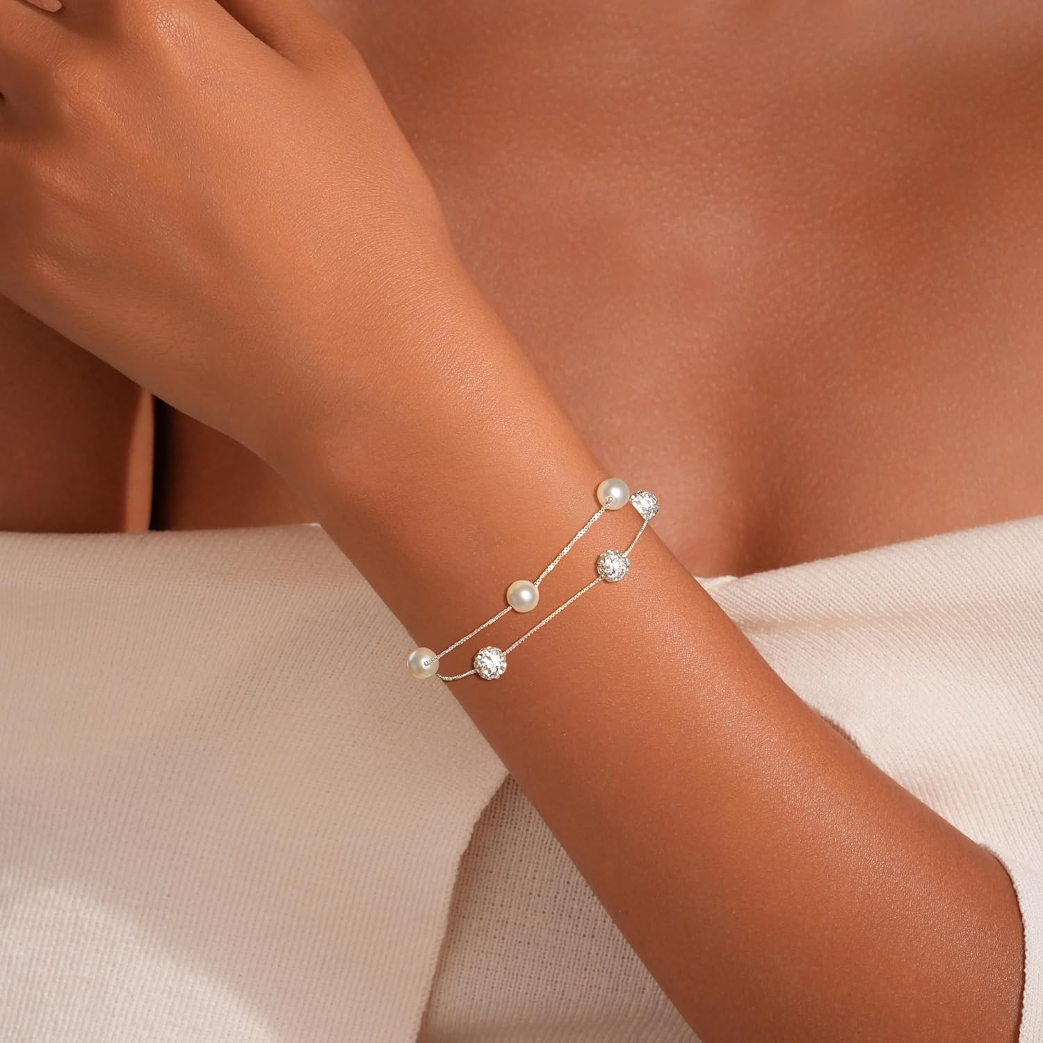 Dainty Pearl Zirconia Layered Bracelet for Women S925 Sterling Silver Pearl Crystal Beaded Bracelet to Daughter Mother Adjustable Link Chain Bracelets Birthday Wedding Jewelry Gifts - Image 2