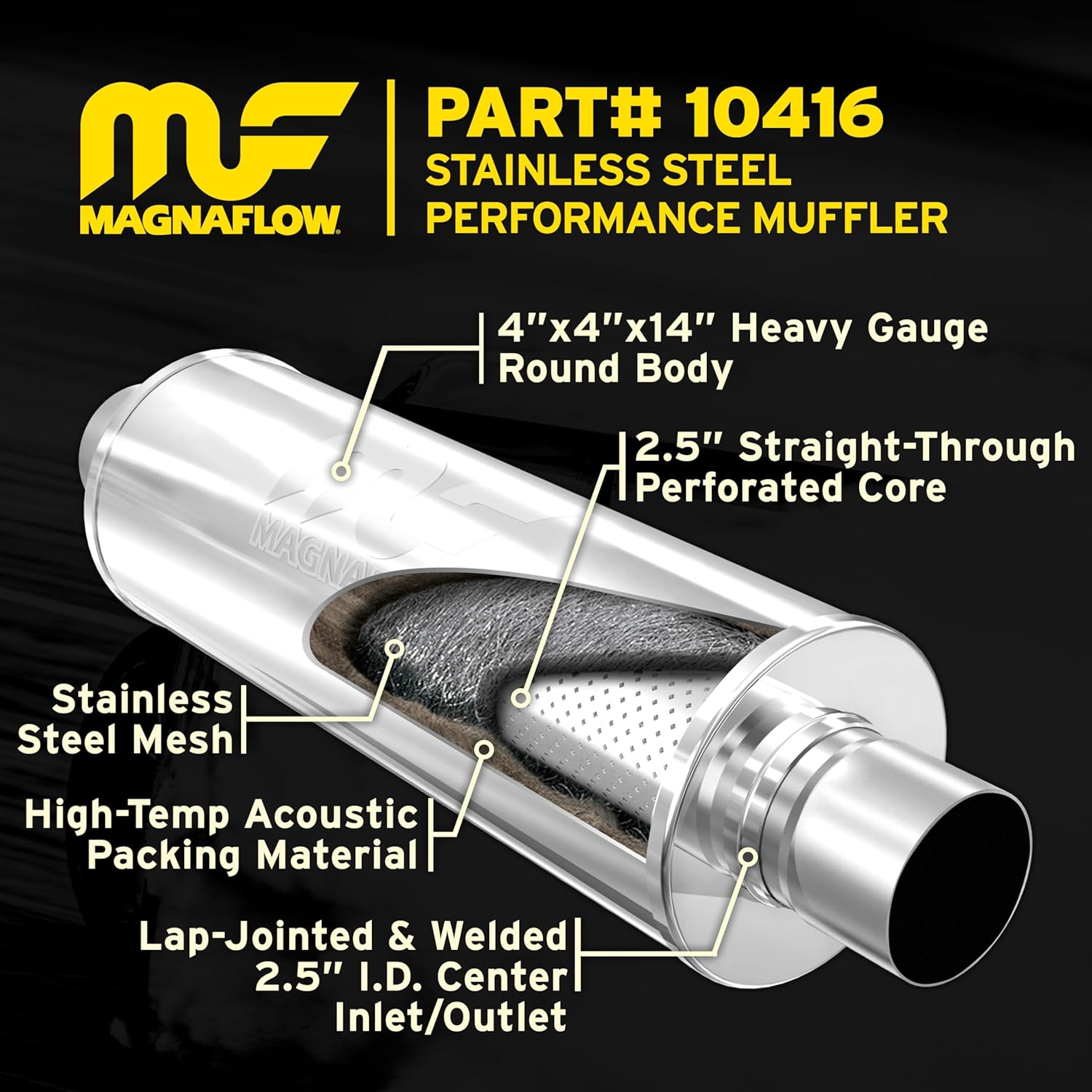 MagnaFlow Performance Exhaust Muffler 10416: 2.5"/2.5" Inlet/Outlet, 4x4x14" Round, Stainless Steel, Satin Finish