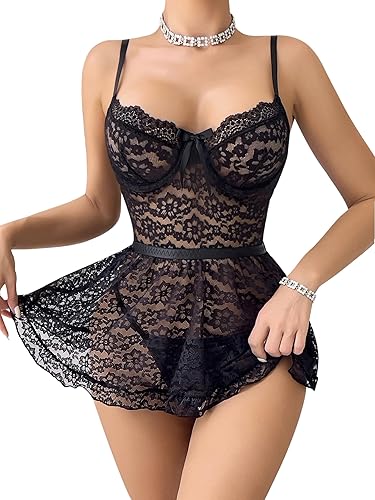 popiv Sexy Lingerie Lace Trim Sleep Dress Mesh Babydoll Lingerie Dresses - Black - Small