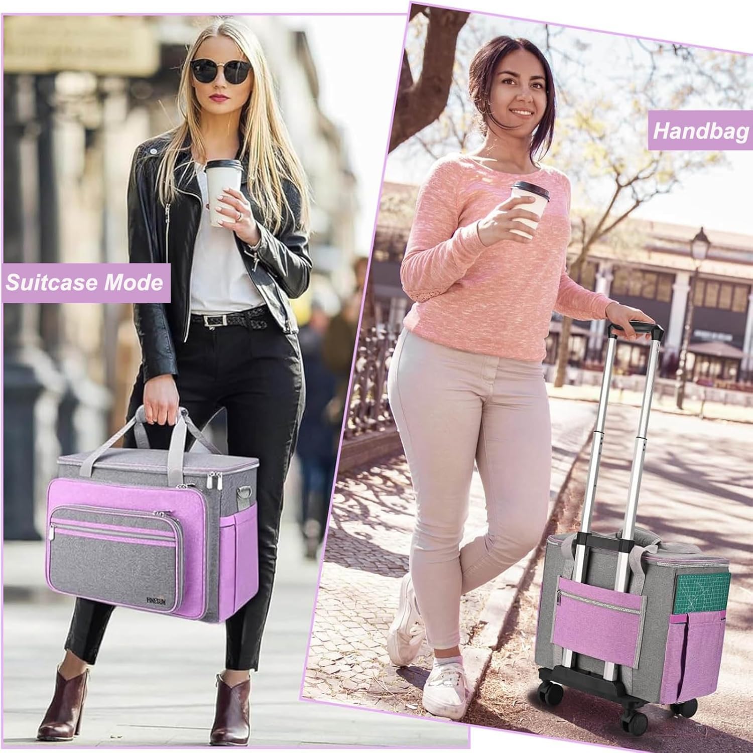 FINESUN Sewing Machine Case with Wheels, Foldable Deluxe Rolling Sewing Machine Case for Brother, Singer, Janome and Most Machines,Purple-Grey - Image 6