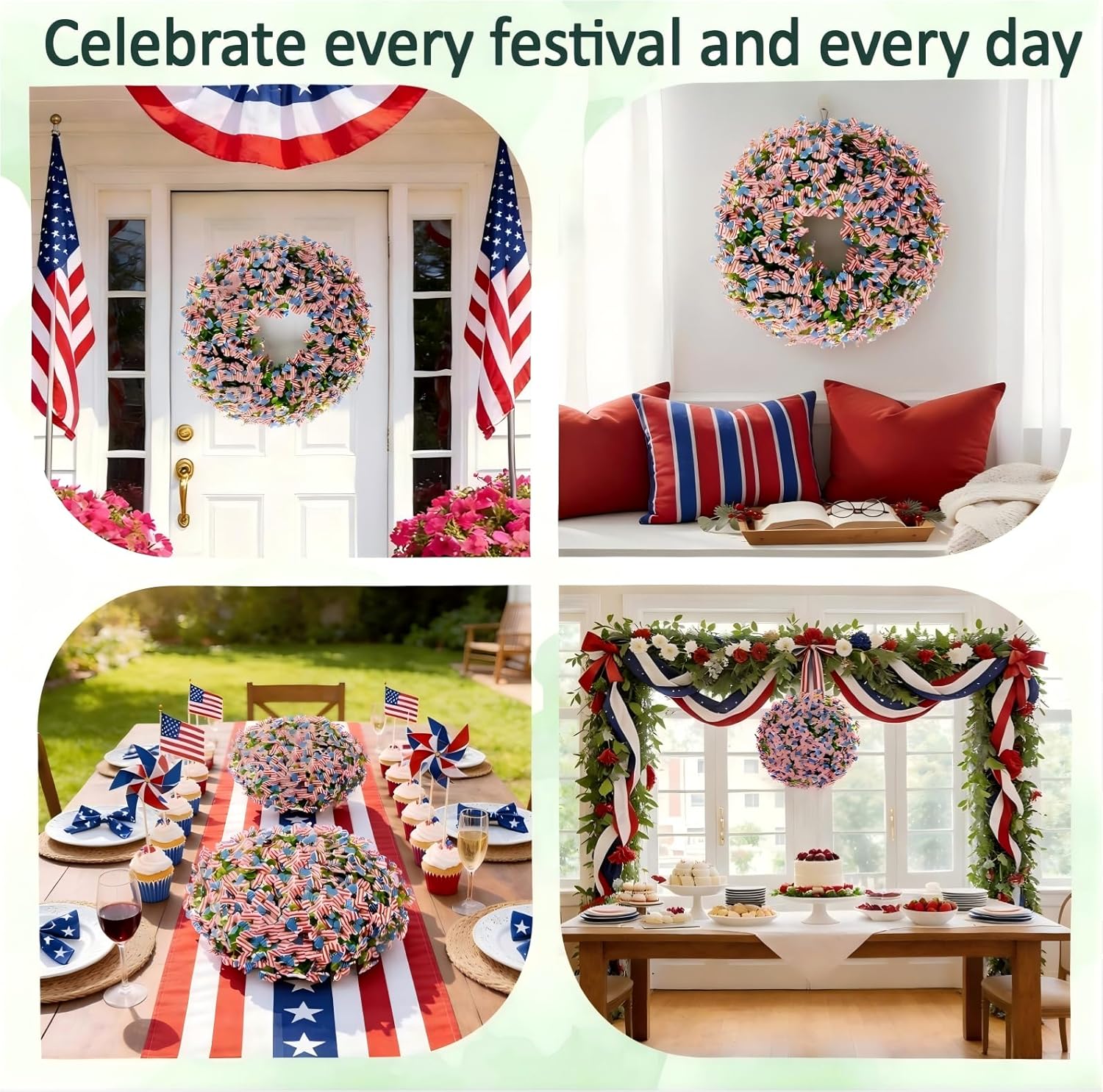 Patriotic Wreath, American Flag Wreath, Perfect for Memorial Day, Presidents Day, Veterans Day, 4th of July/Independence Day, All-Season Artificial Greenery for Front Door Decoration (16-Inch)