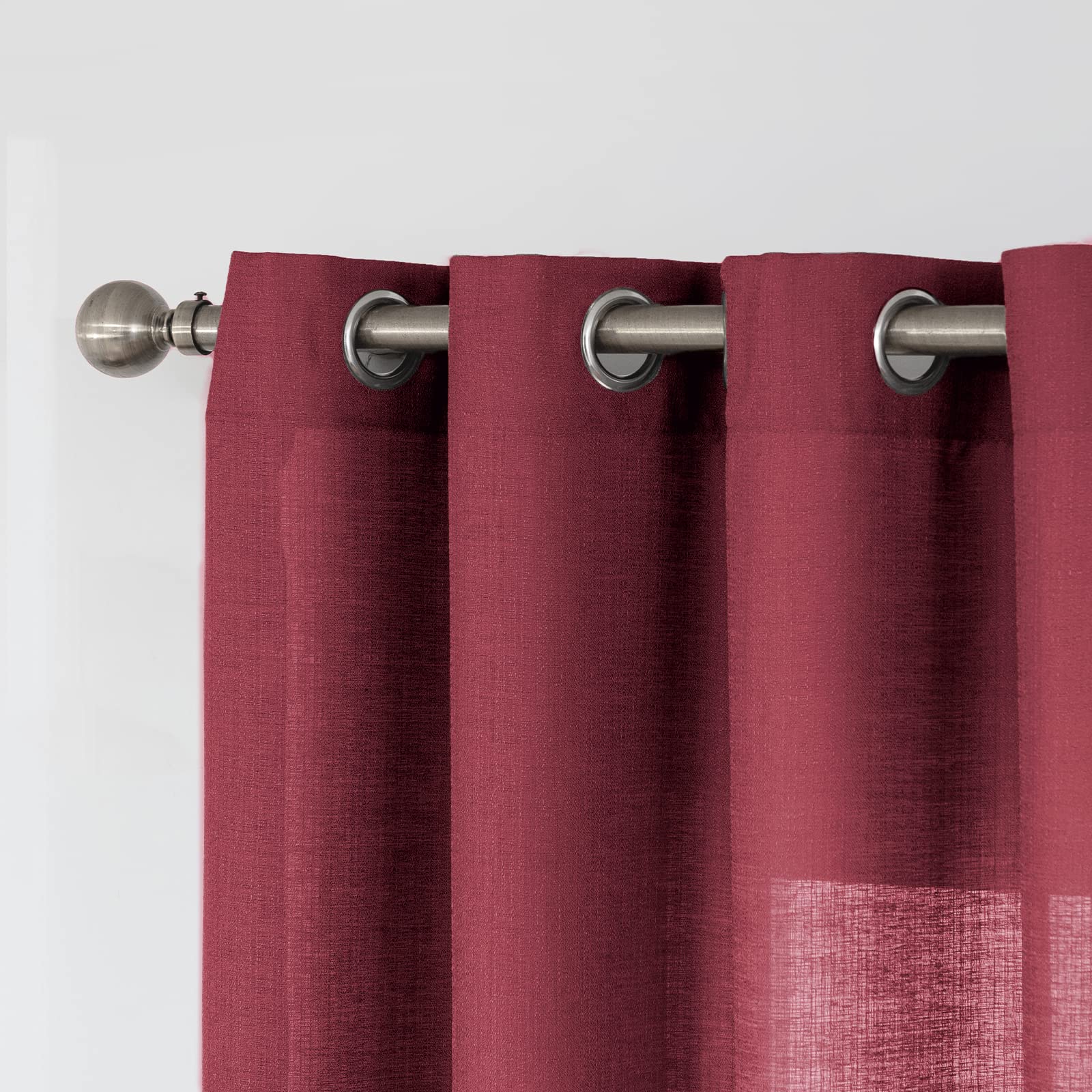 Melodieux Burgundy Semi Sheer Curtains 84 Inches Long for Living Room Bedroom Flax Linen Grommet Voile Drapes, 52 by 84 Inch (2 Panels) - Image 2