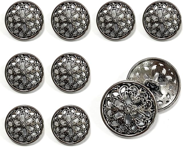 WOSO 10PCS Clothes Button - Fashion Hollow Flower Metal Shank Round Shaped Metal Button Set Sewing Button (20mm Black)