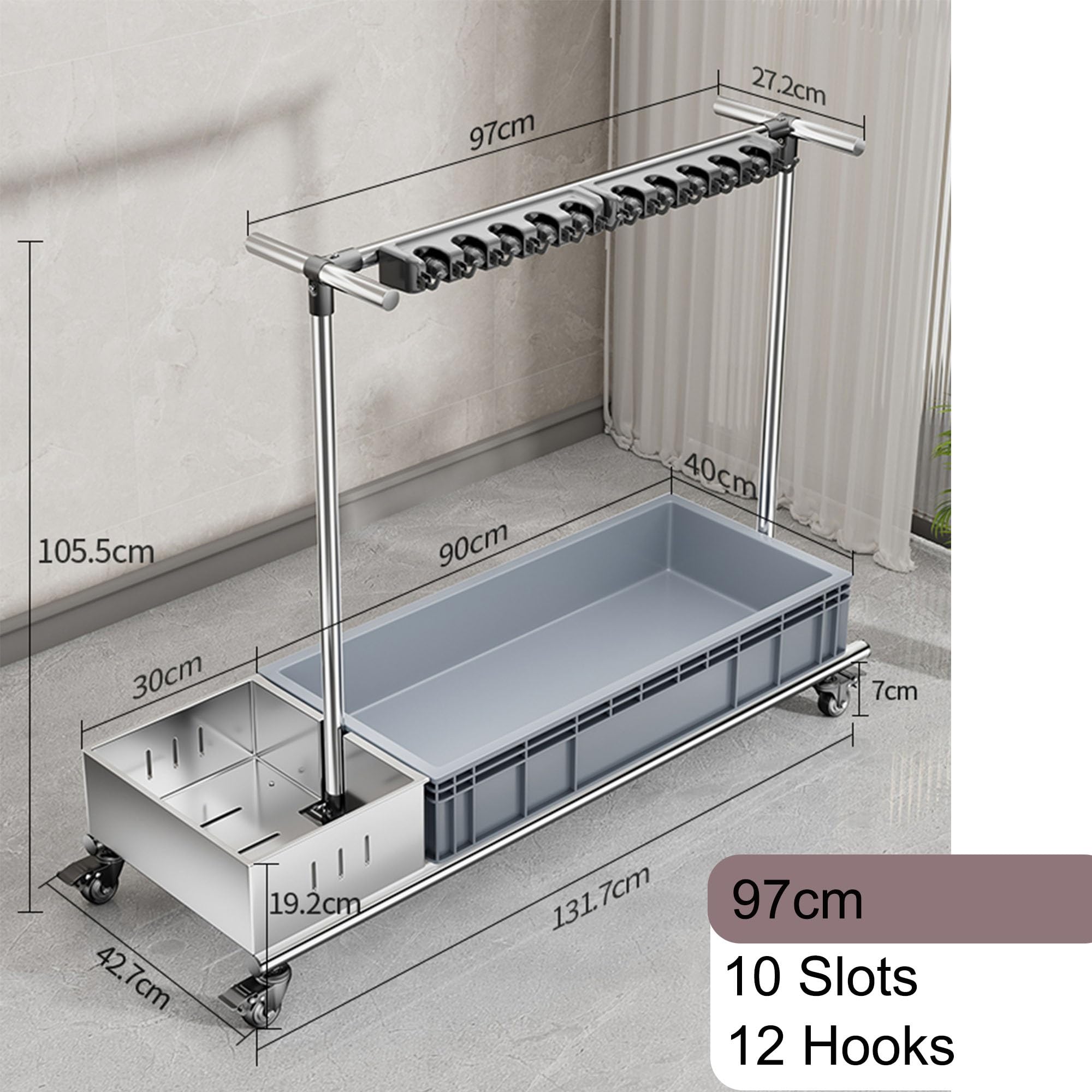 Soporte Para Escobas Y Fregonas Multiusos Suministros De Limpieza Para El Hogar Cubo De Fregona Carros De Limpieza Con Ruedas Organizador De Herramientas De Jardín Armari,OneColor-97cm-10slots12hooks