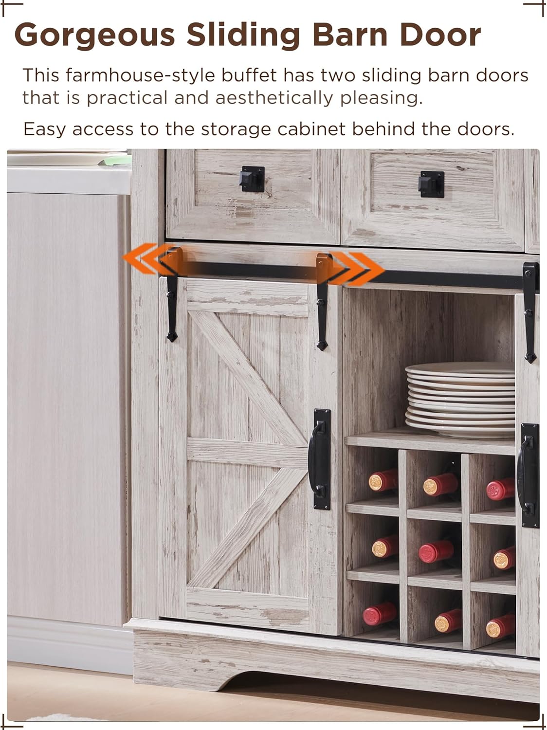 Close-up of the sliding barn door mechanism on the lower section of the OKD Farmhouse Bar Cabinet