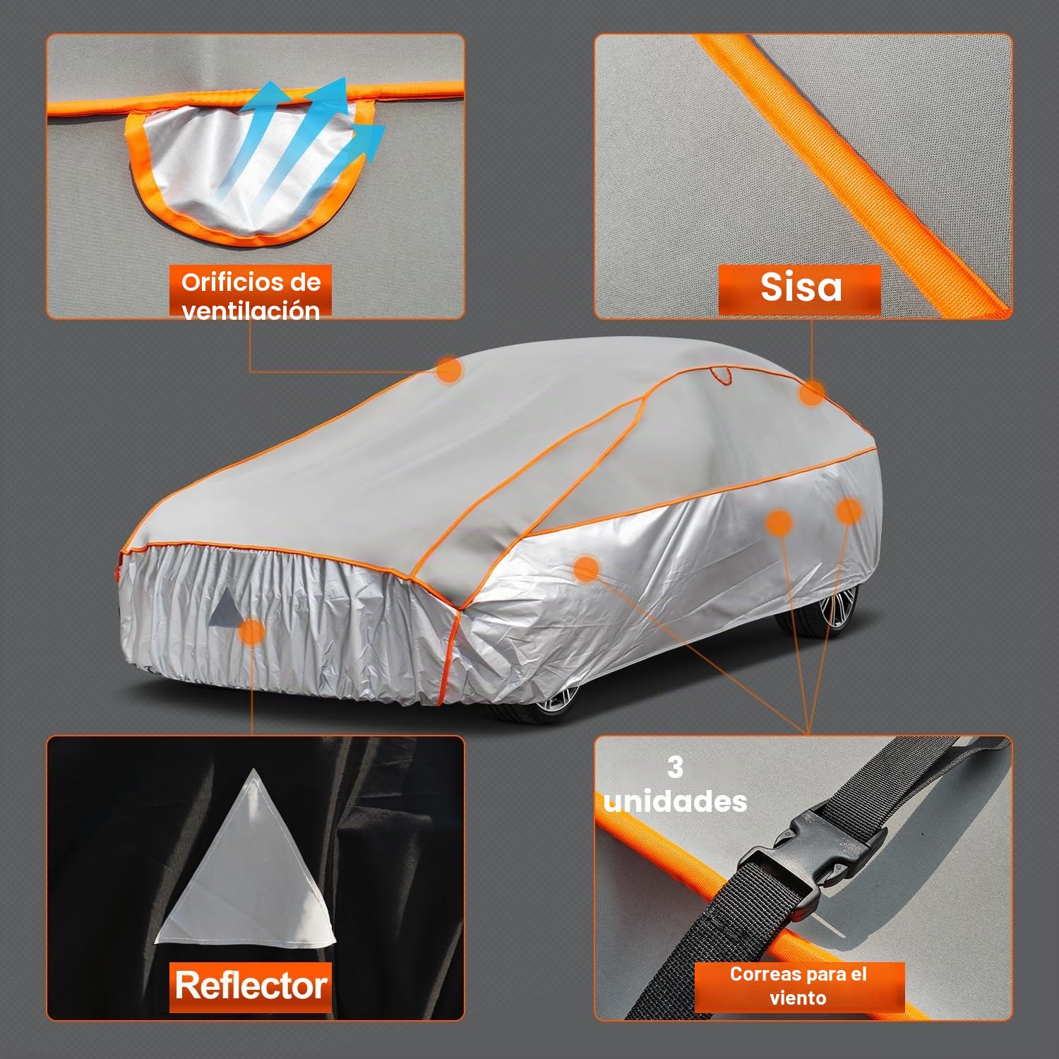 Funda Coche Antigranizo, Kayme Cubre Coches Exterior Impermeable Transpirable Antipolvo Anti-UV, Funda Repelente Cubierta para Coche con Tira Reflectante para Sedán (475 a 495 cm) 3XL Gris