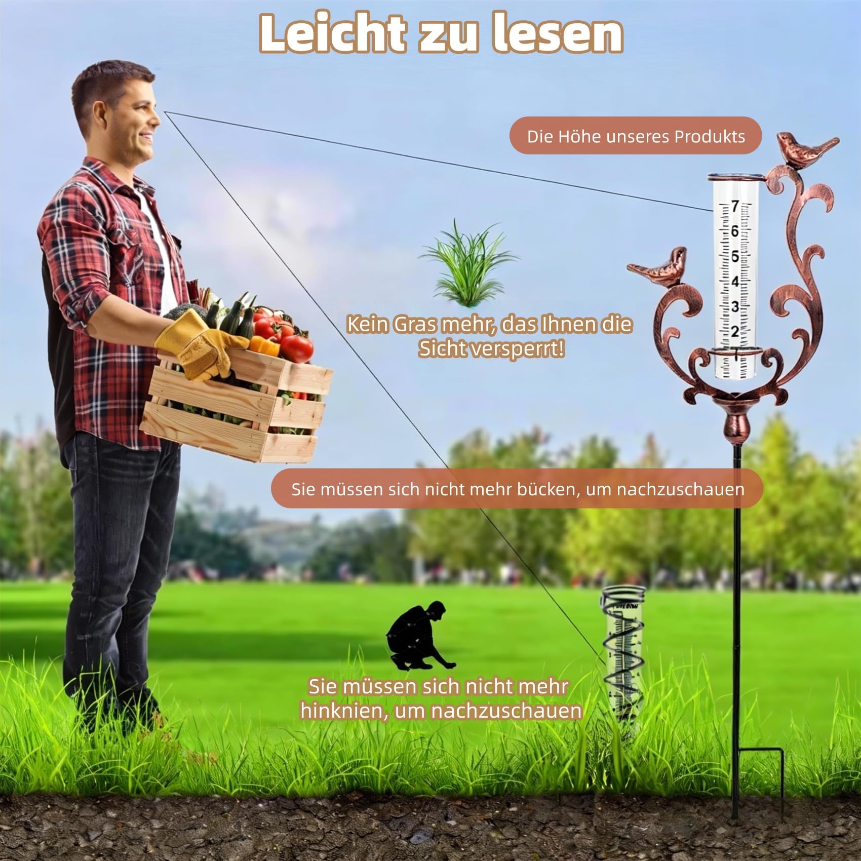 pearlstar Pluviomètre colibri résistant au gel, pluviomètre avec piquet et tube en plastique, pluviomètre pour jardin, pelouse, terrasse, cadeau pour les amateurs de jardin