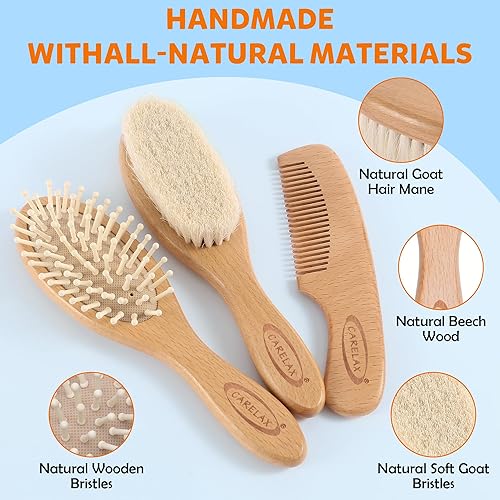 Miniatura 2 de Baby Hair Brush & Comb Set, Organic Wooden Hairbrush Natural Goat Bristles 3-Piece for Newborns & Toddlers, Ideal for Cradle Cap & Itching, Perfect