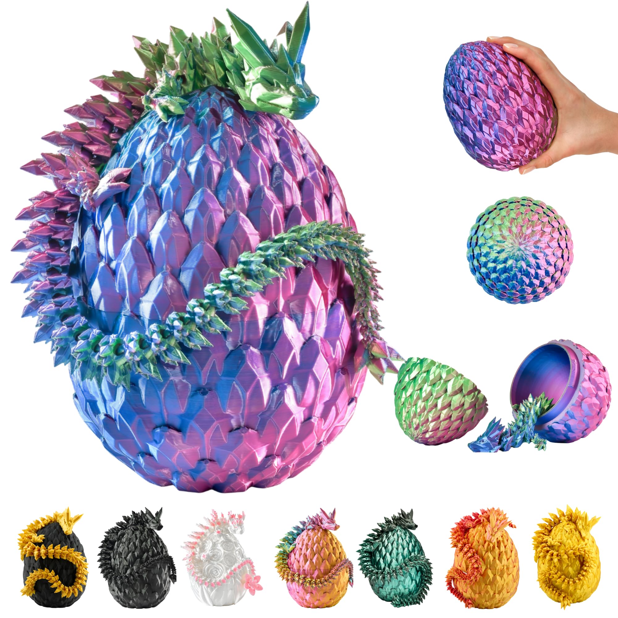3D Dragon in Egg – 14.17 inches (36 cm) Figure with 4.73 inches (12 cm) Egg, Movable Fantasy Toy & Collectible Figurine for Kids (Blue/Green/Purple)
