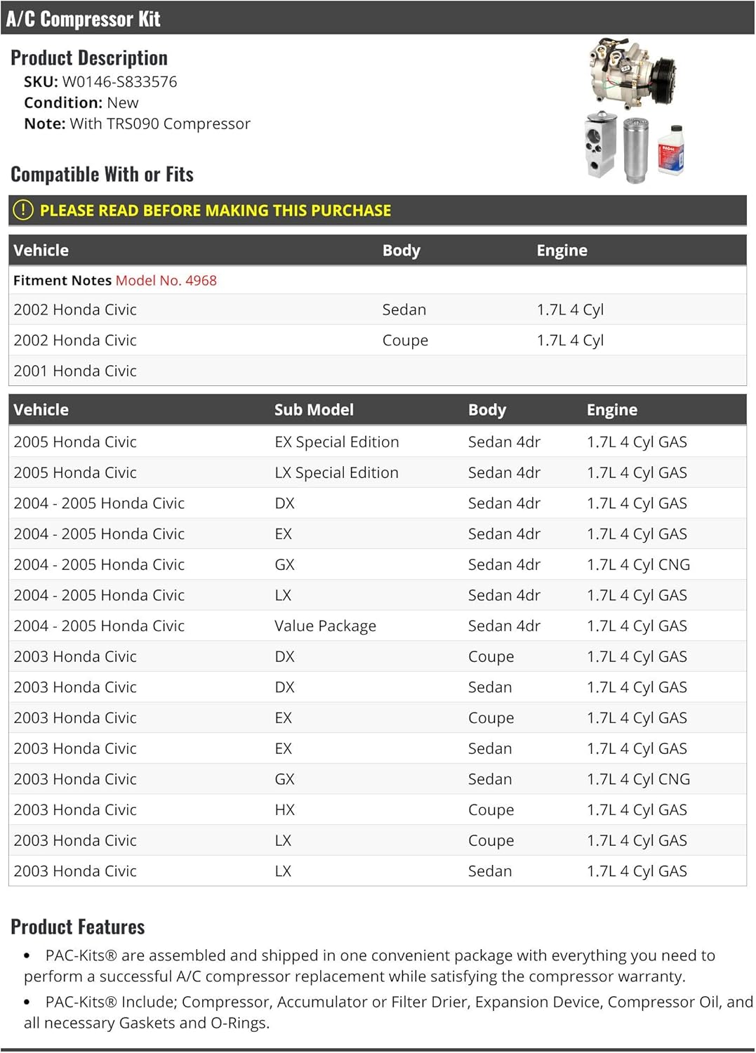 A/C Compressor Kit - Compatible with 2001-2005 Honda Civic 1.7L (with TRS090 Compressor)