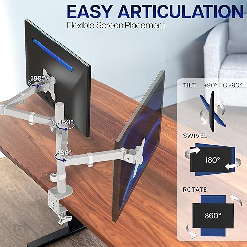 Vista 45 de VIVO Soporte de escritorio para monitor ultra ancho doble, soporte de acero totalmente ajustable, capacidad para 2 pantallas de computadora de hasta