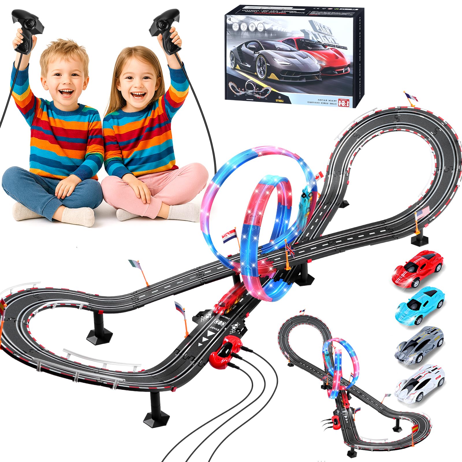 Piste Corsa Elettriche, Illuminato Pista Macchinine Piste Auto Bambini - 4 LED Macchine, Spina, 360° Cerchio, Comandi, Contatore, Piste Corsa Bambini 3 4 5 6 7 8 Anni Giocattoli Regali (L)